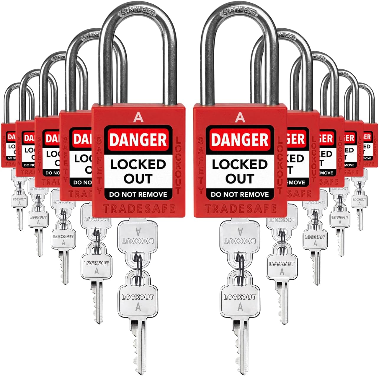 TRADESAFE Lockout Tagout Locks Set, 10 Red Keyed Alike Unlimited Grouping Safety Padlocks, 2 Keys Per Lock, OSHA Compliant Loto Locks for Lock Out Tag Out Kits