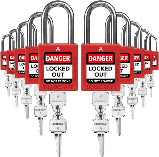 TRADESAFE Lockout Tagout Locks Set, 10 Red Keyed Alike Unlimited Grouping Safety Padlocks, 2 Keys Per Lock, OSHA Compliant Loto Locks for Lock Out Tag Out Kits