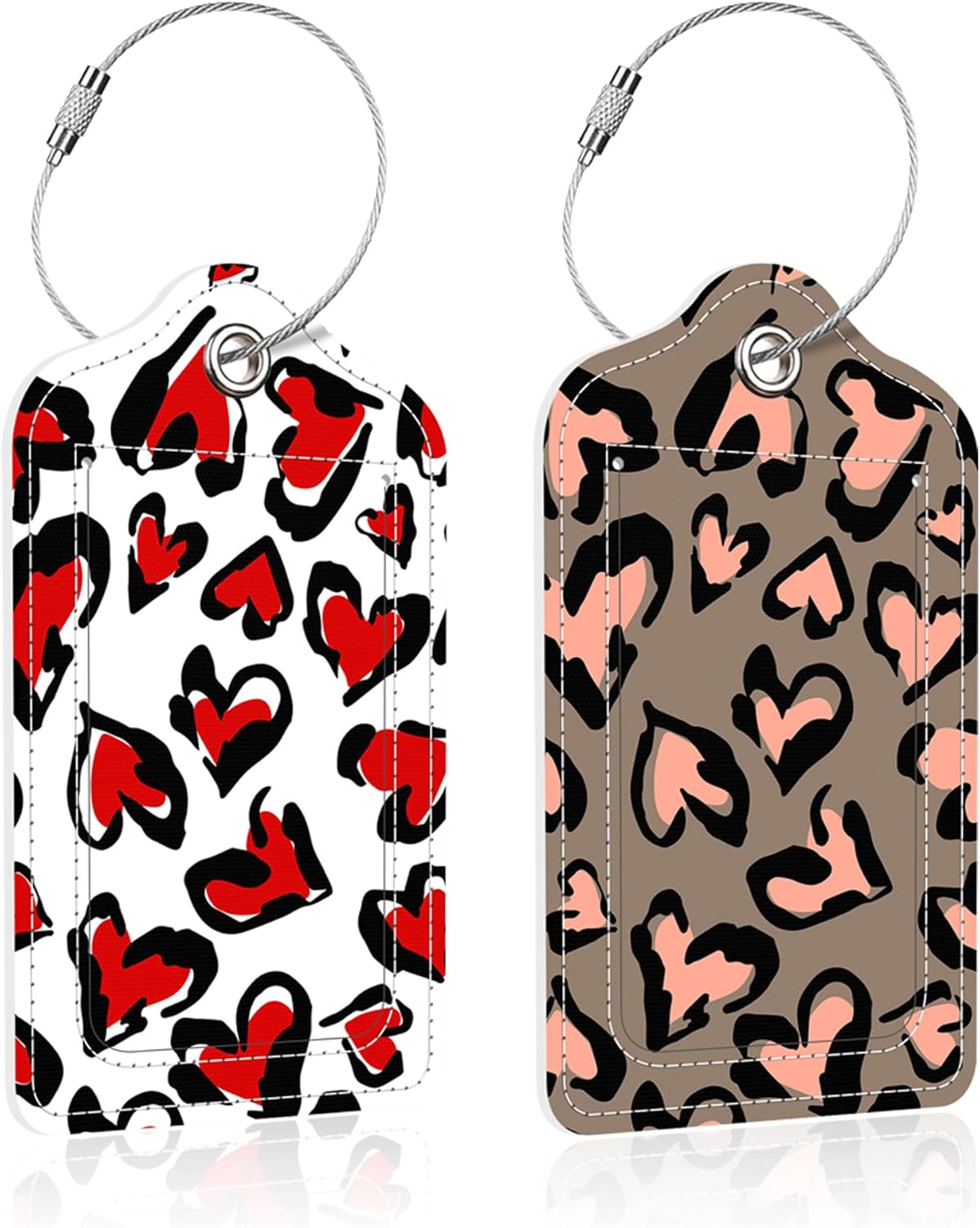 2 Pack Heart Leopard Skin Luggage Tag for Suitcase,Heart PU Leather Suitcase Tags Identifiers with Privacy Name Address Labels and Steel Loop for Women Men Travel