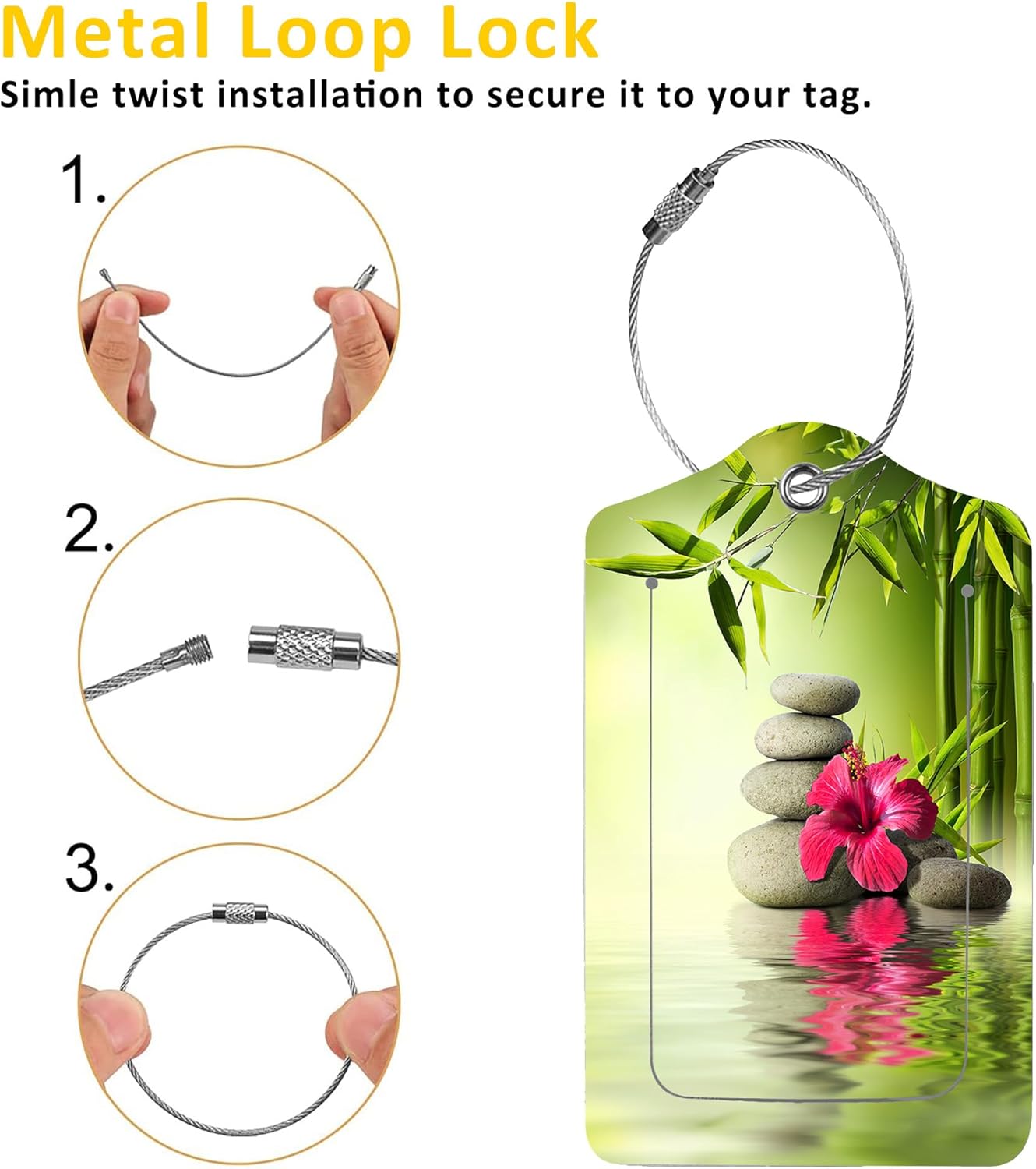 2 Pack Luggage Tags for Suitcases,Stones,Red Hibiscus and Bamboo Luggage Tag,PU Leather Id Label Luggage Tags with Stainless Steel Loop and Privacy Cover for Women Men Teens Travel