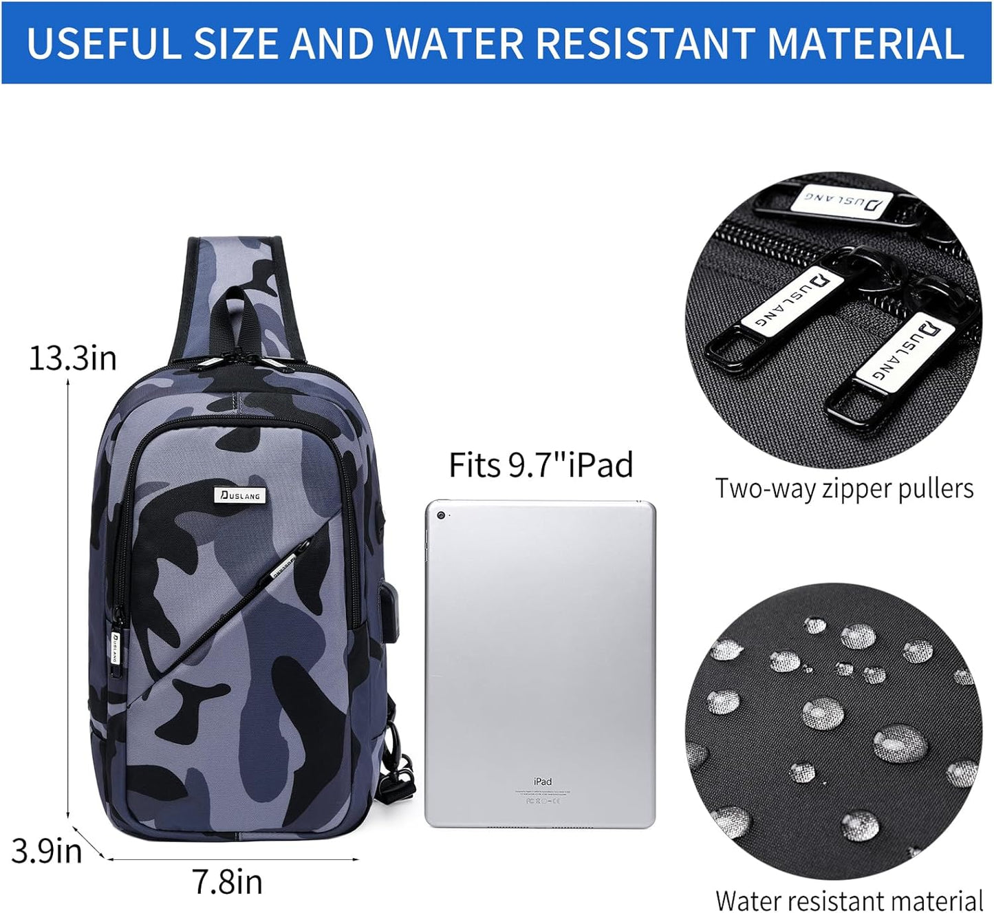 DUSLANG Hiking Crossbody Sling Backpacks Sling Bag for Men, Shoulder Backpack Chest Bags with USB Charger Port