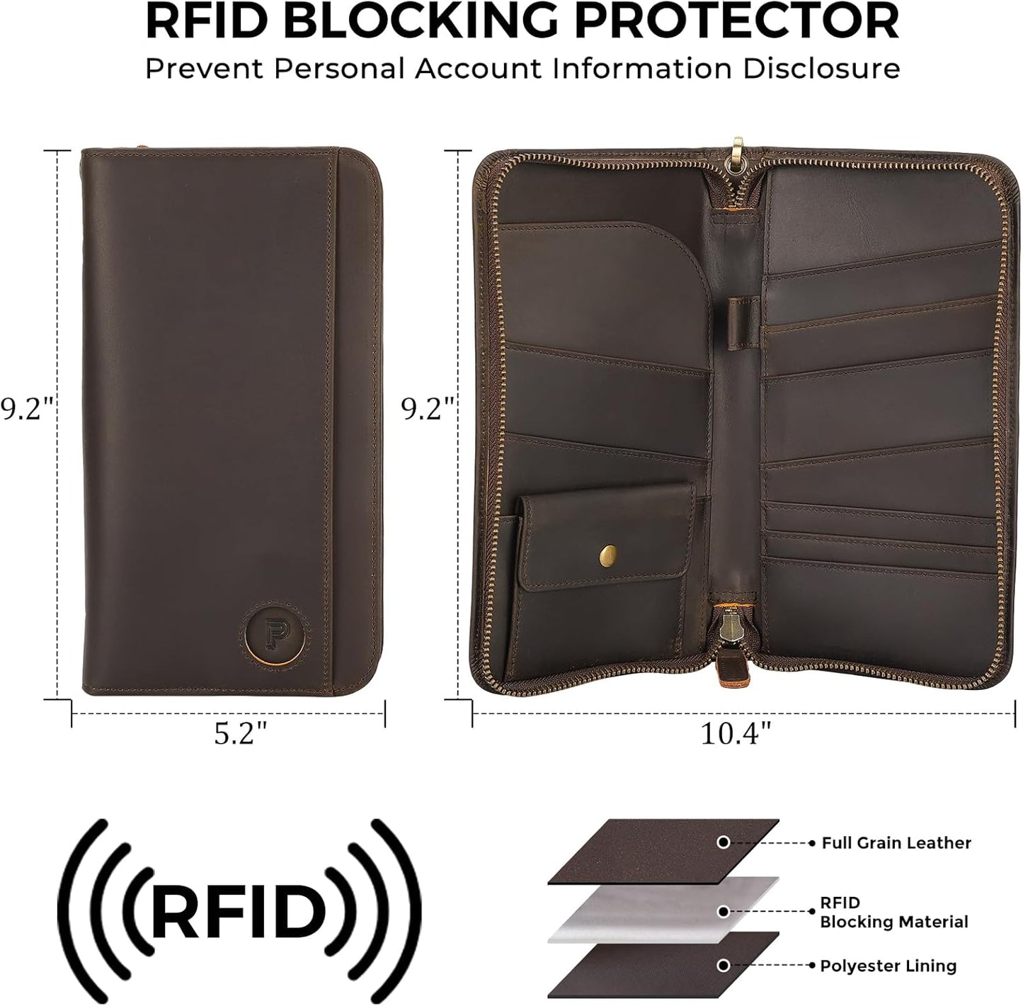 Polare Full Grain Leather Family Passport Holder Travel Documents Organizer RFID Blocking Wallet with Coin Pouch and AirTag Slot Fits 6 Passports