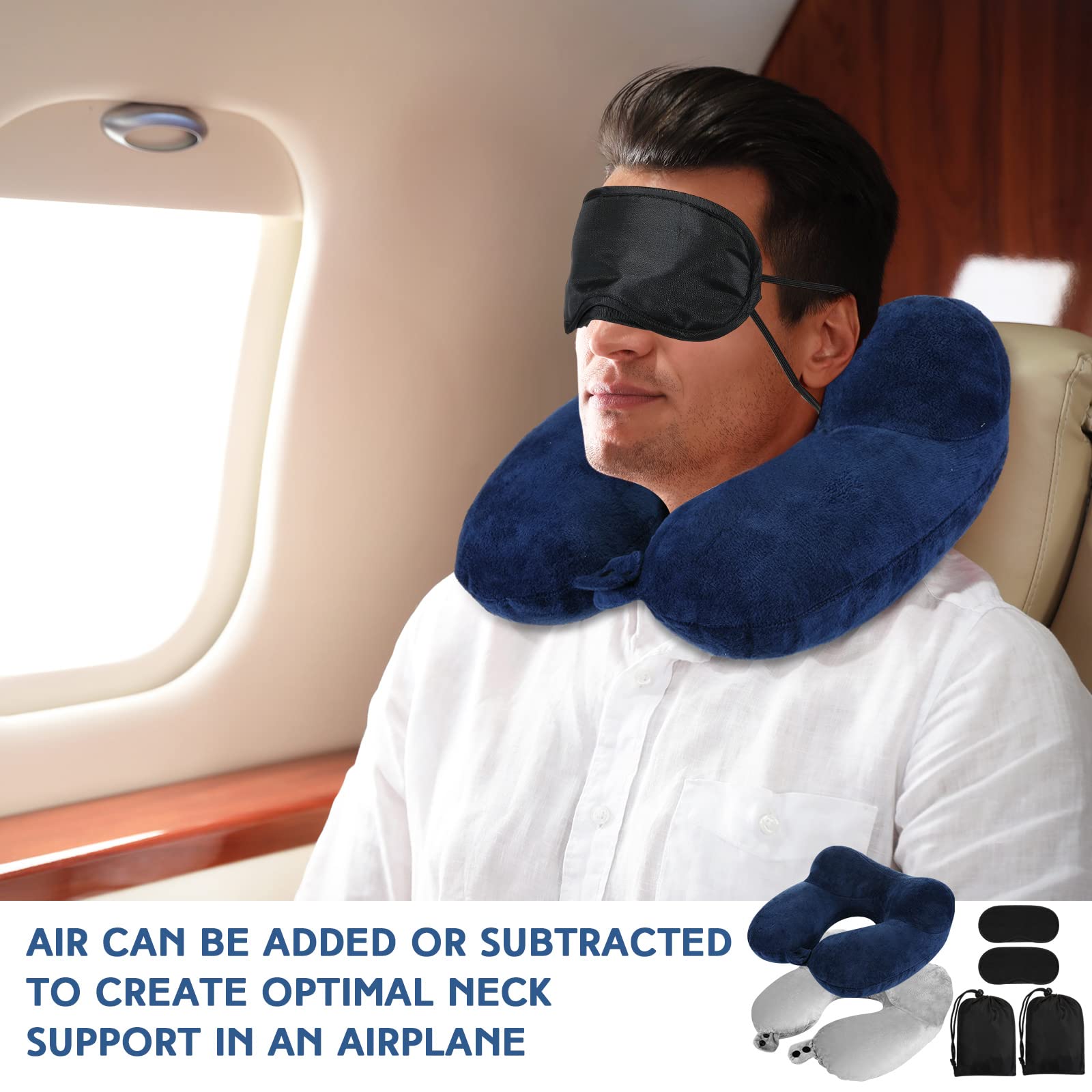 Sintuff 2 Inflatable Neck Pillow Airplane Travel, Light Gray and Dark Blue