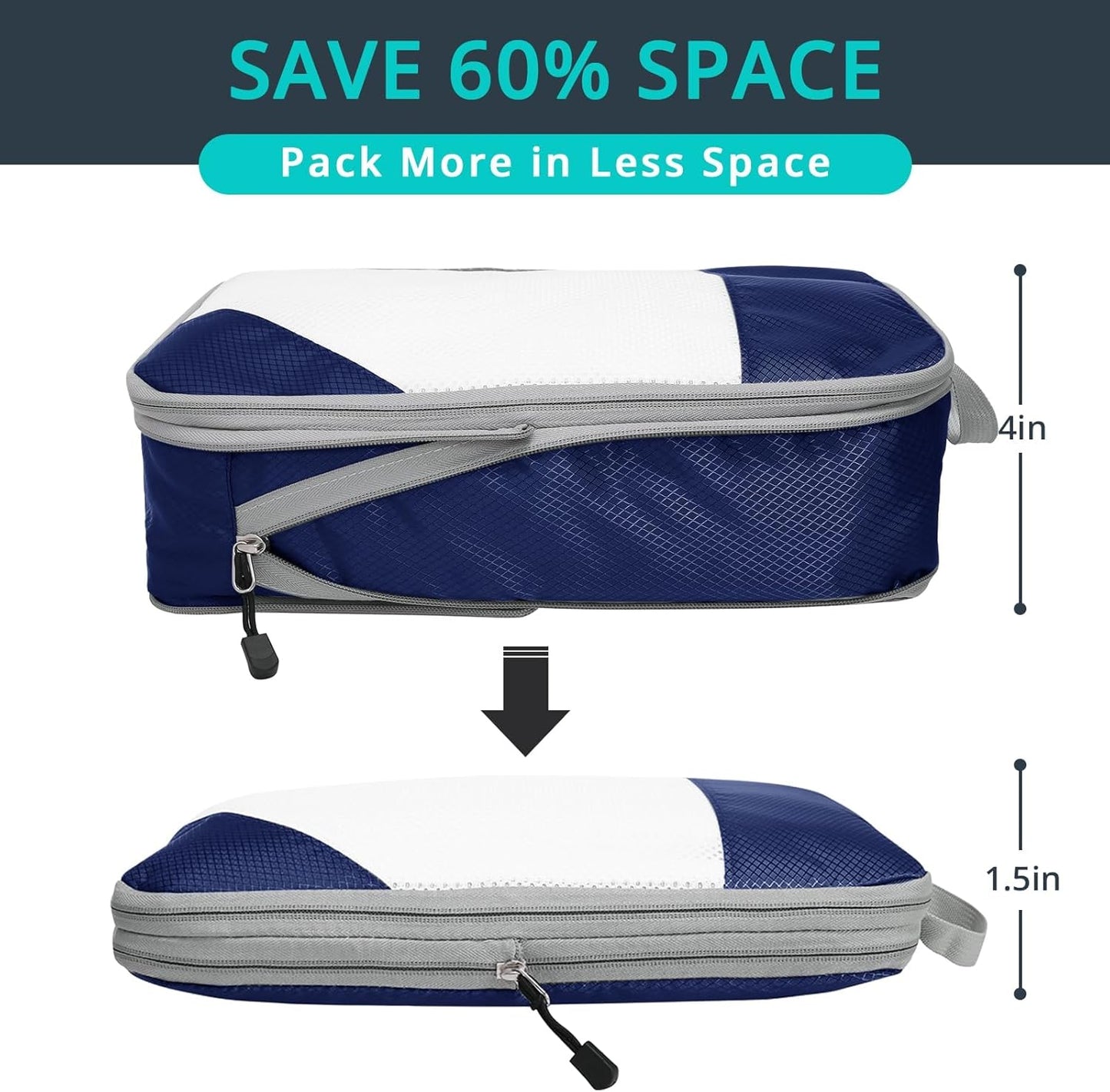 6 Set Compression Packing Cubes for Travel - Compressible, Lightweight, and Space-Saving Packing Cubes, Travel Essentials for Women, Navy