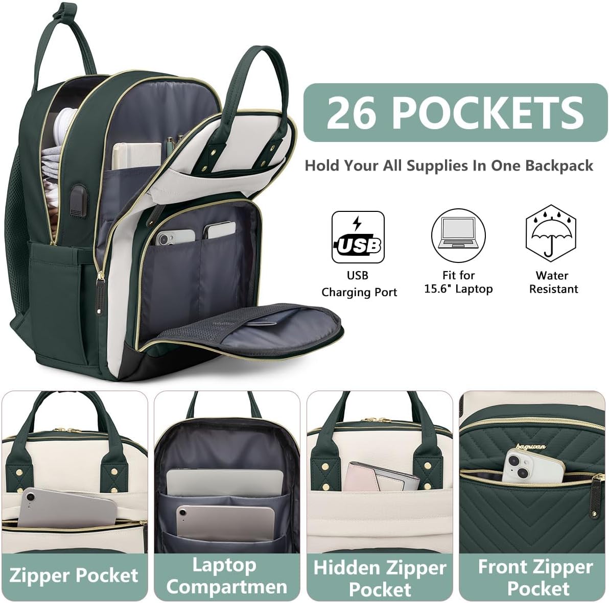 Laptop Backpack for Women Work Bag - 15.6 inch Travel Backpack with USB Charger Business Computer Backpacks for Work College Back pack for Teacher Casual Waterproof Bookbag for Nurses Beige Green