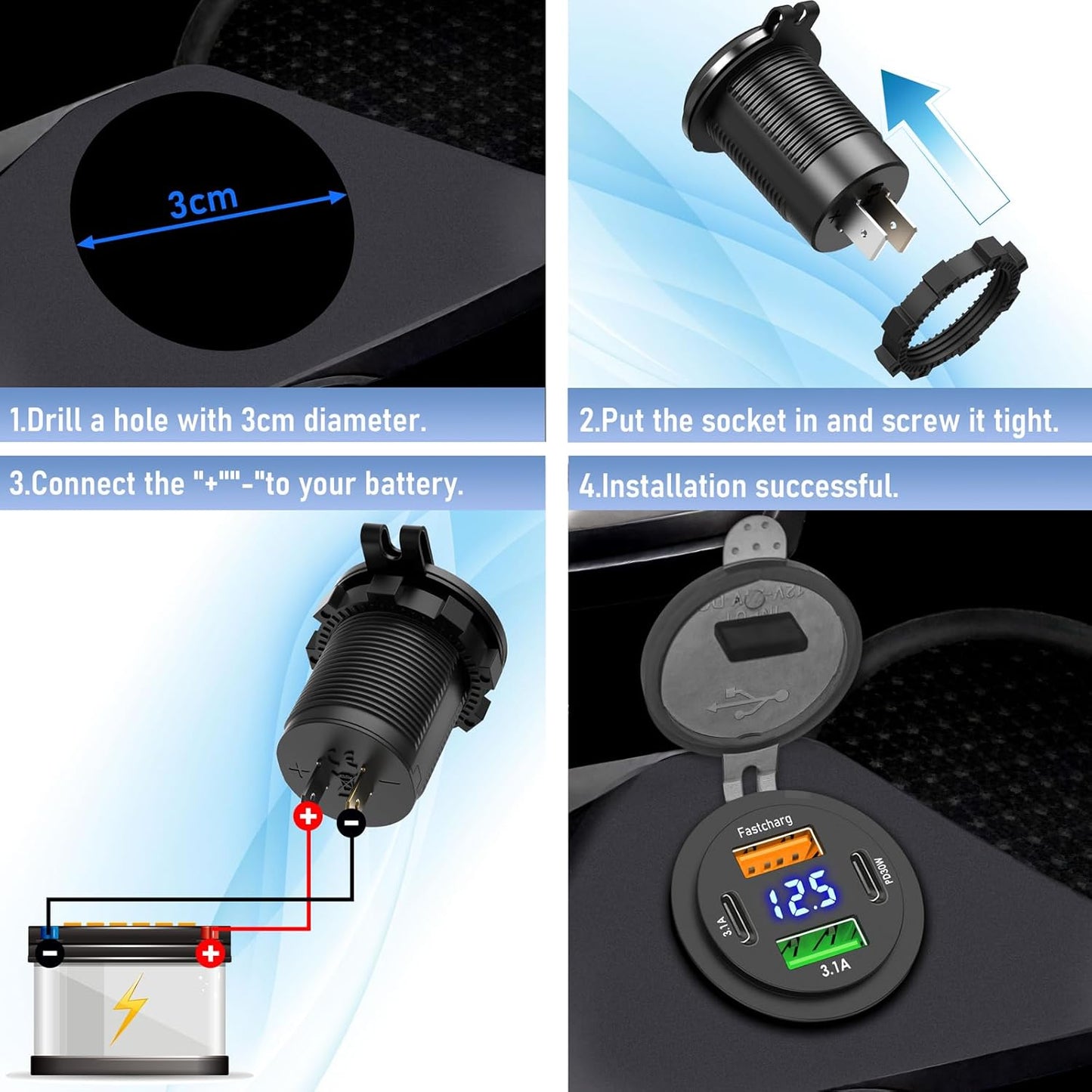 Qidoe 66W 12V USB Outlet, 4 Port Dual PD & Dual Quick Charge 3.0 Car Charger with Voltmeter for Car Boat Marine RV