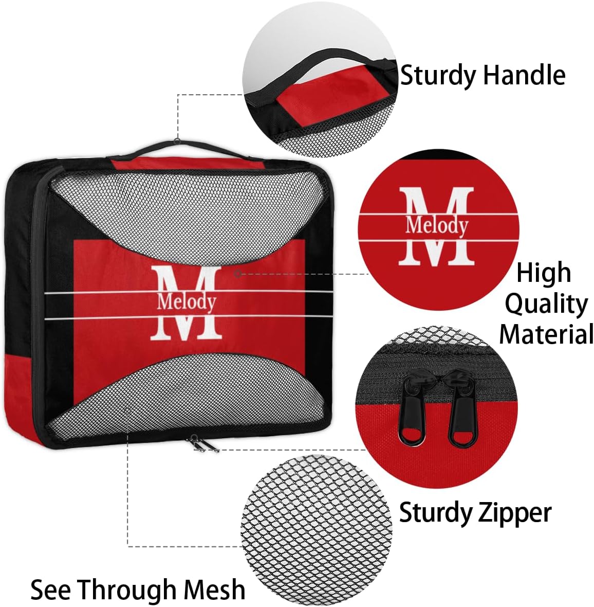 4pc Personalized Name Packing Cubes for Travel - Luggage Packing Organizers - Travel Packing Cubes for Suitcases, Red with Black, Initial Letter
