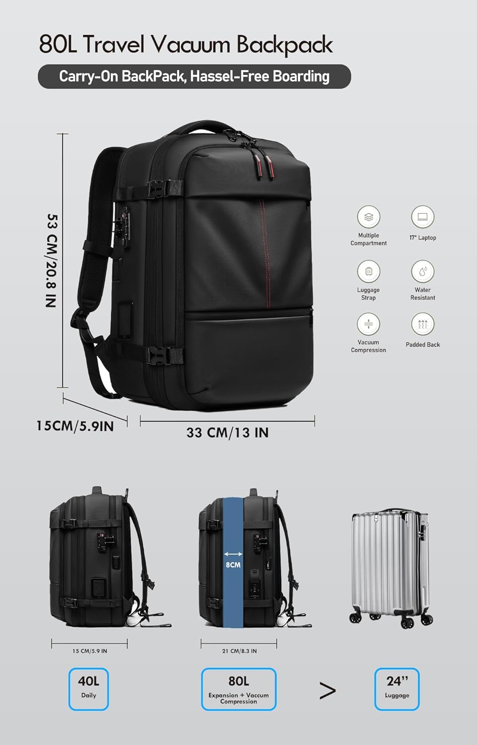 Vacuum Seal Backpack Travel with Built-in Pump 80L Expandable Travel Backpack with Vacuum System
