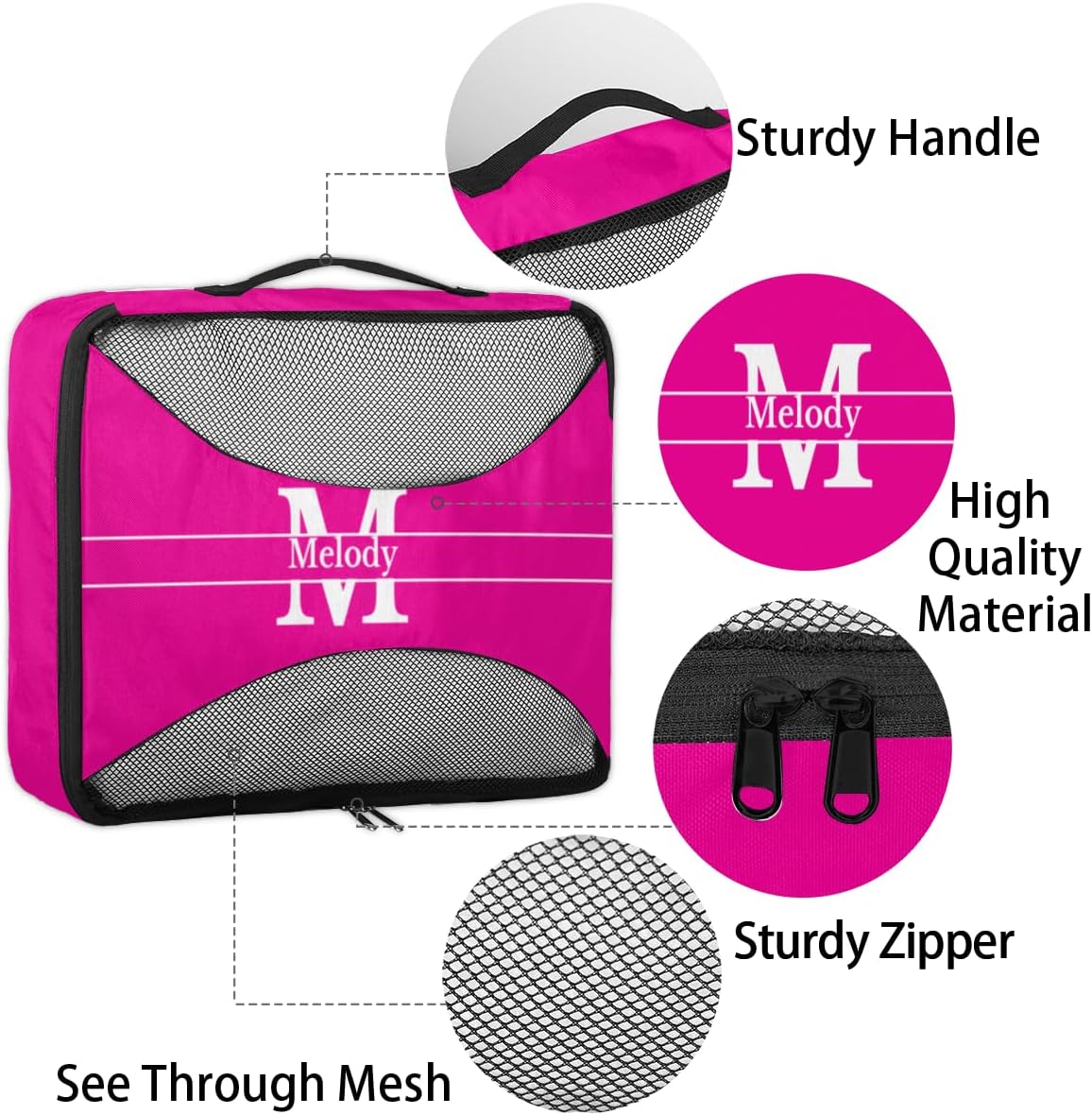 Custom 4 Set Packing Cubes for Travel, Personalized Deep Pink with Initial Letter Mesh Travel