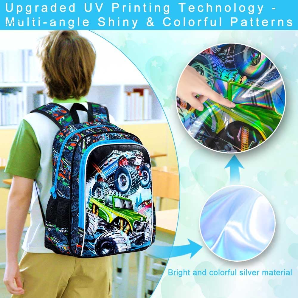 CCJPX 16" Truck Backpack for Boys, 3PCS Cars Kids Water Resistant Preschool Bookbags, Cool Kindergarten School Backpacks and Lunch Box