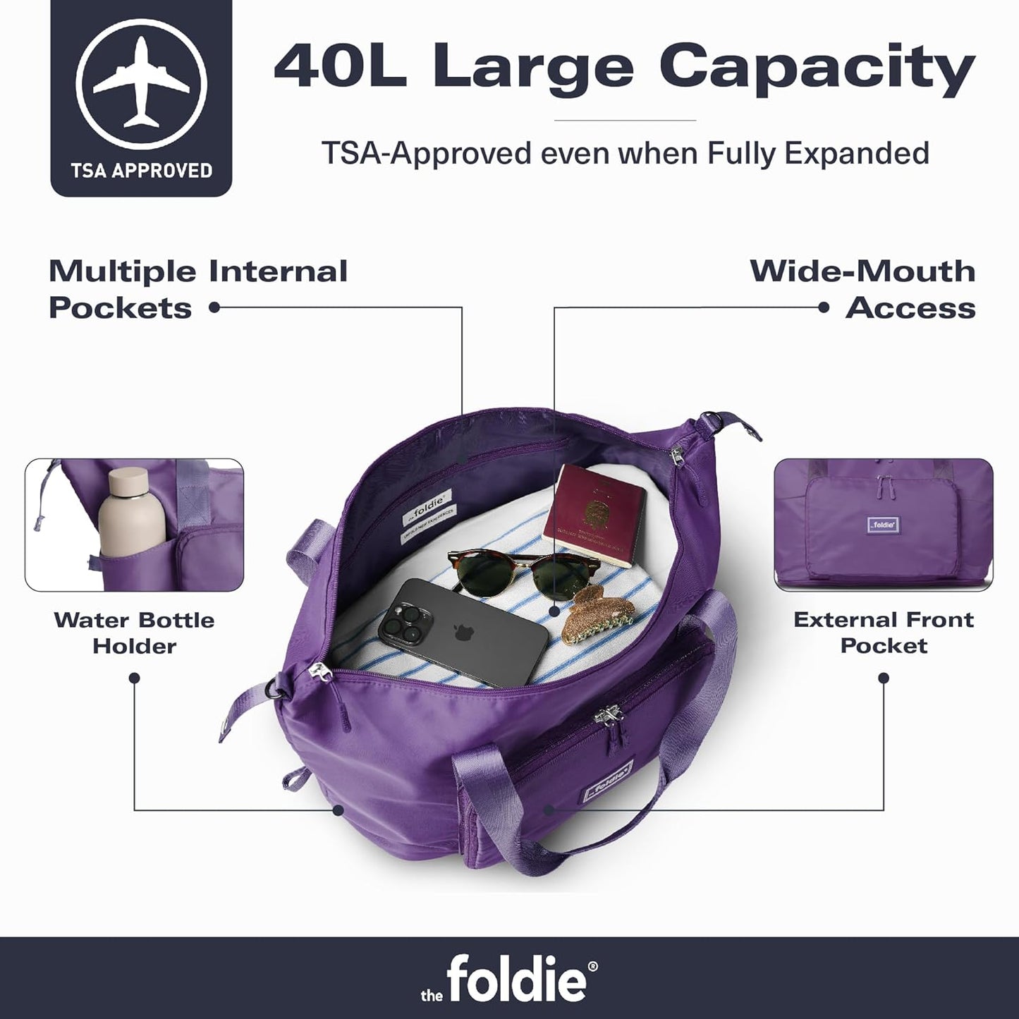 The Foldie Foldable Travel Bag for Women - 40L Weekender Bag with Multiple Pockets - Carry On Expendable Travel Bag