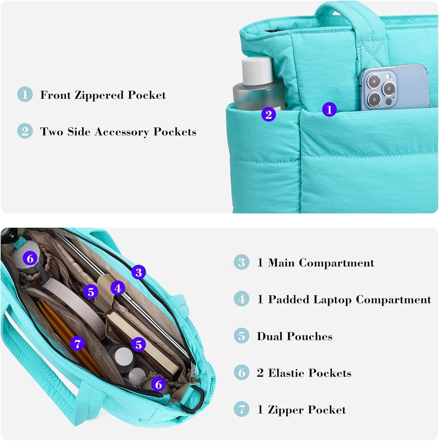 AOCINA Puffy Tote Bag for Women Quilted Work Bag Nurse Bags Women's Handbags for Travel