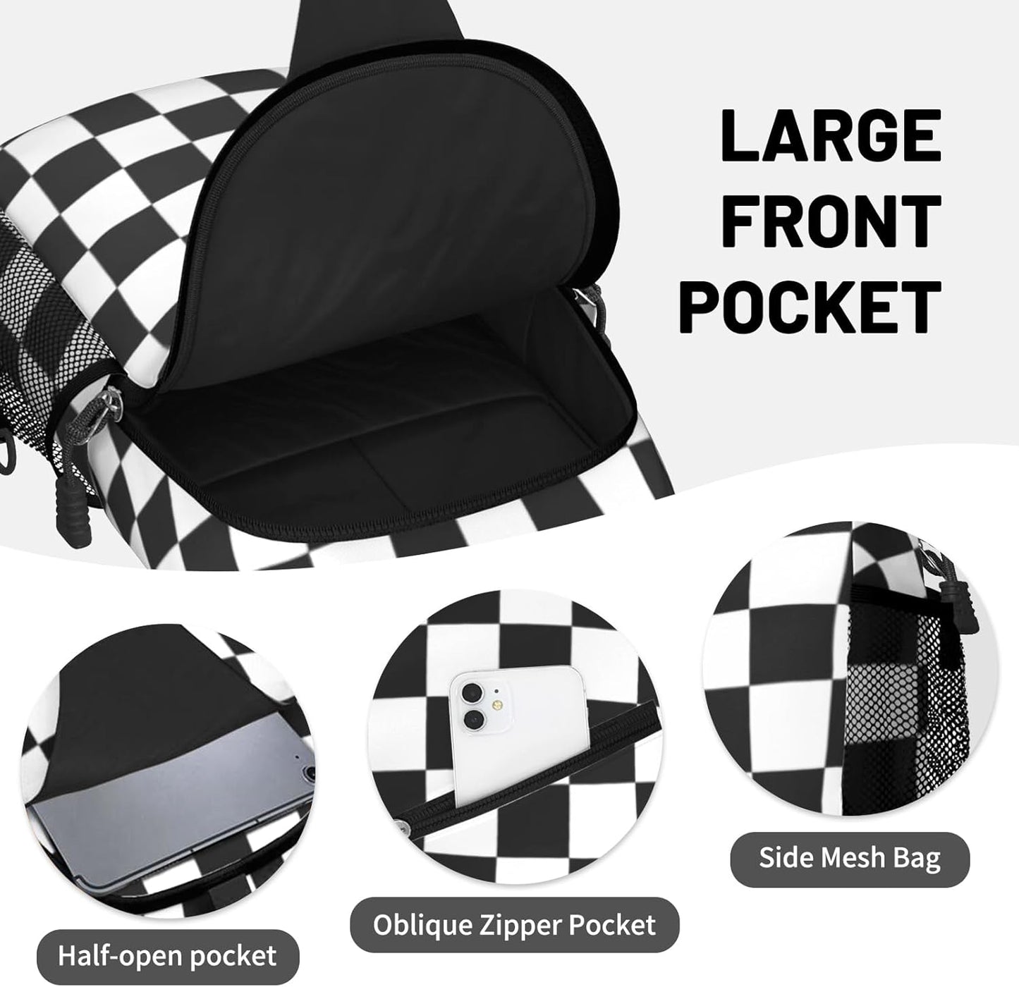 Black White Checkered Sling Bag Crossbody Chest Bag for Women Men, Water Resistant Lightweight Casual Crossbody Bag with Adjustable Strap, Travel Hiking Daypack Shoulder Backpack