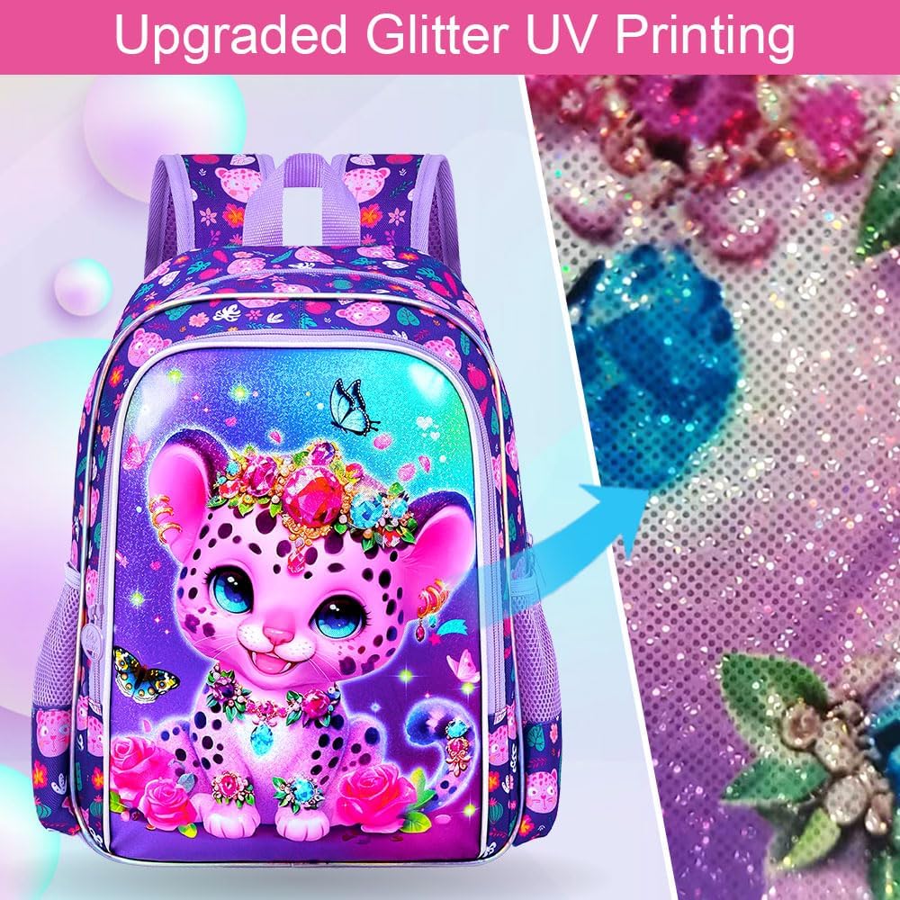 3Pcs Girls Backpack, 16" Kids Bookbag with Lunch Box，Leopard School Backpacks for Elementary Preschool Kindergarten (Purple)