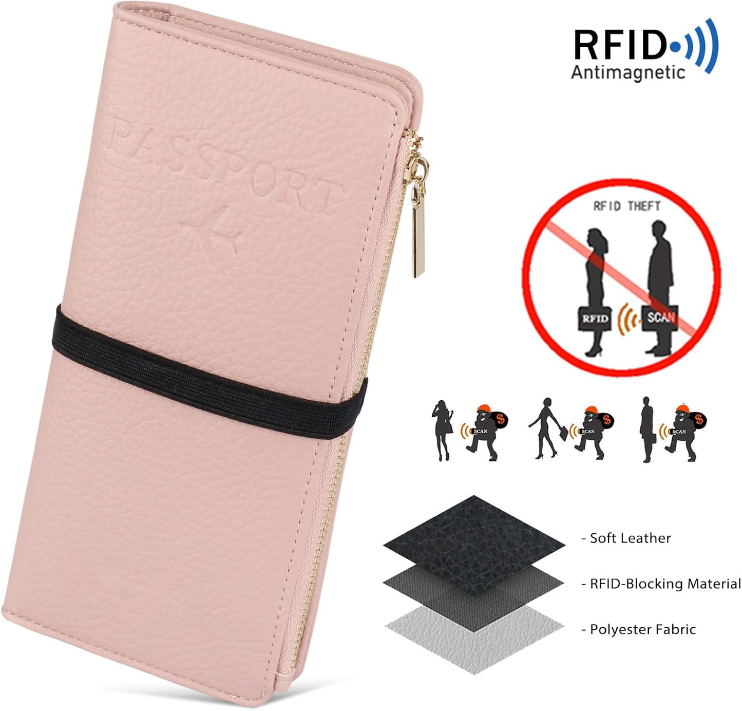 Real Leather Wallet RFID Blocking Passport Holder with Zipper Pocket Travel Organizer Pink (Pink)