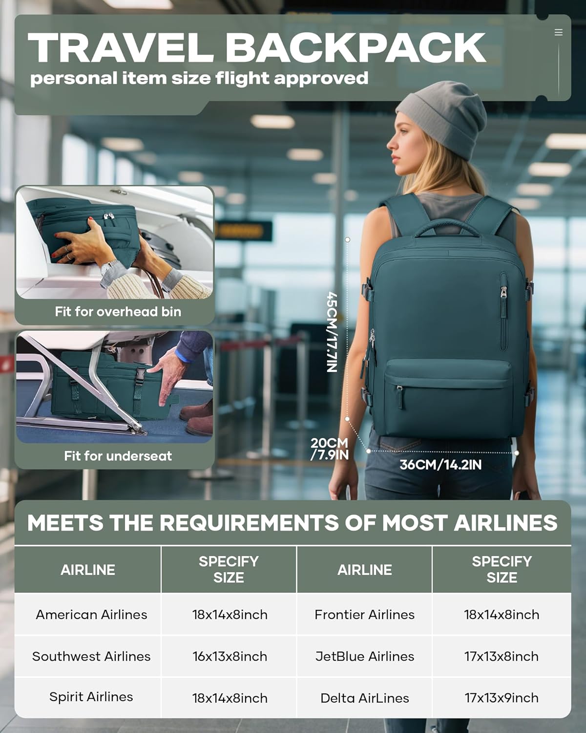 Vacuum Backpack Travel,travel backpack with vacuum system, Large Carry on Luggage Flight Approved, 18x14x8 IN Laptop Bag Personal Item Travel Bag, Peacock Blue