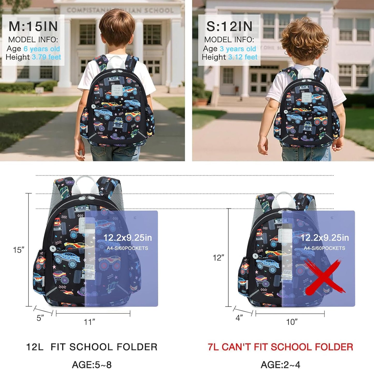 CAMTOP Toddler Backpack for Boys Girls 2-4, Kids Backpacks for Kindergarten Preschool, 12" H Small Bookbag for Daycare Travel (Black)
