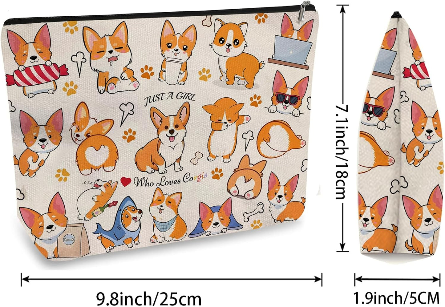 DOOX Corgi Makeup Bags with Lining, Funny Cosmetic Bags Pencil Pouch - Double-Sided Print - Double-Sided Print - Cute Birthday & Christmas Corgi Gifts for Daughter,Sister, Women