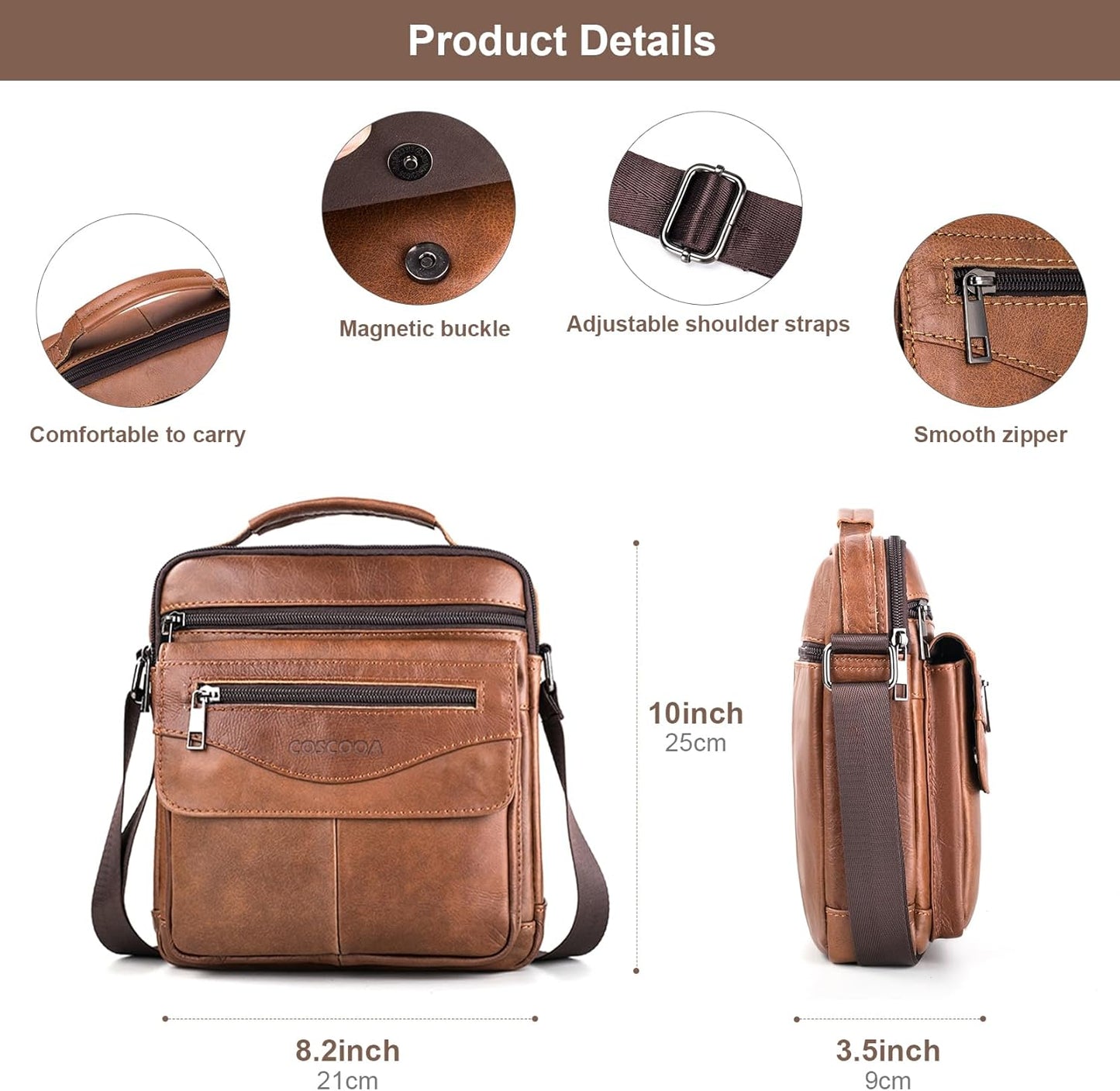 Men's Leather Crossbody Shoulder Bag - Messenger Satchel Travel Handbag