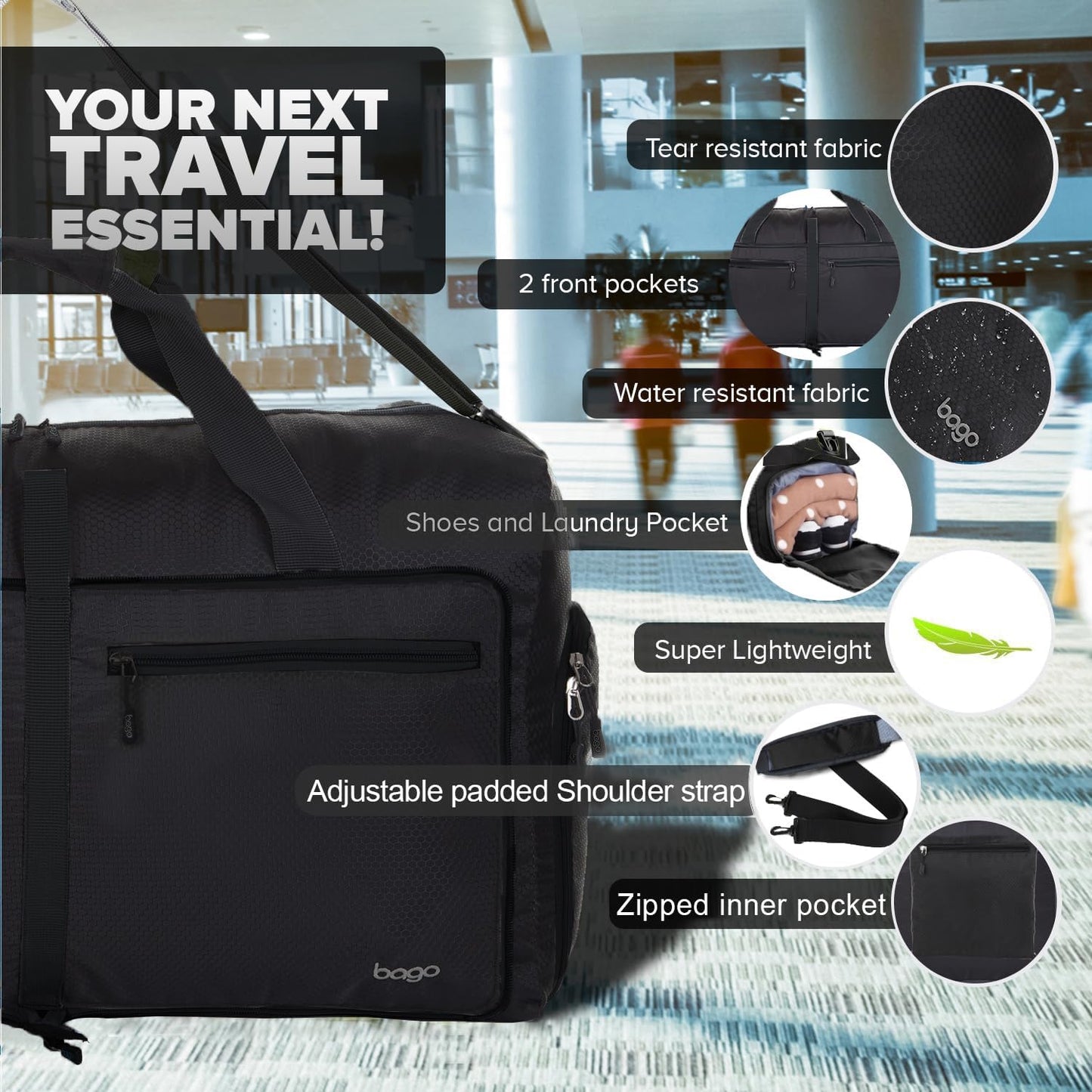 Bago Foldable Duffel Bags for Traveling Women & Men - 60L Medium Packable Duffle Bag for Travel with Shoe Compartment - Water Repellant, Heavy Duty, Lightweight Folding & Collapsible (All Black)