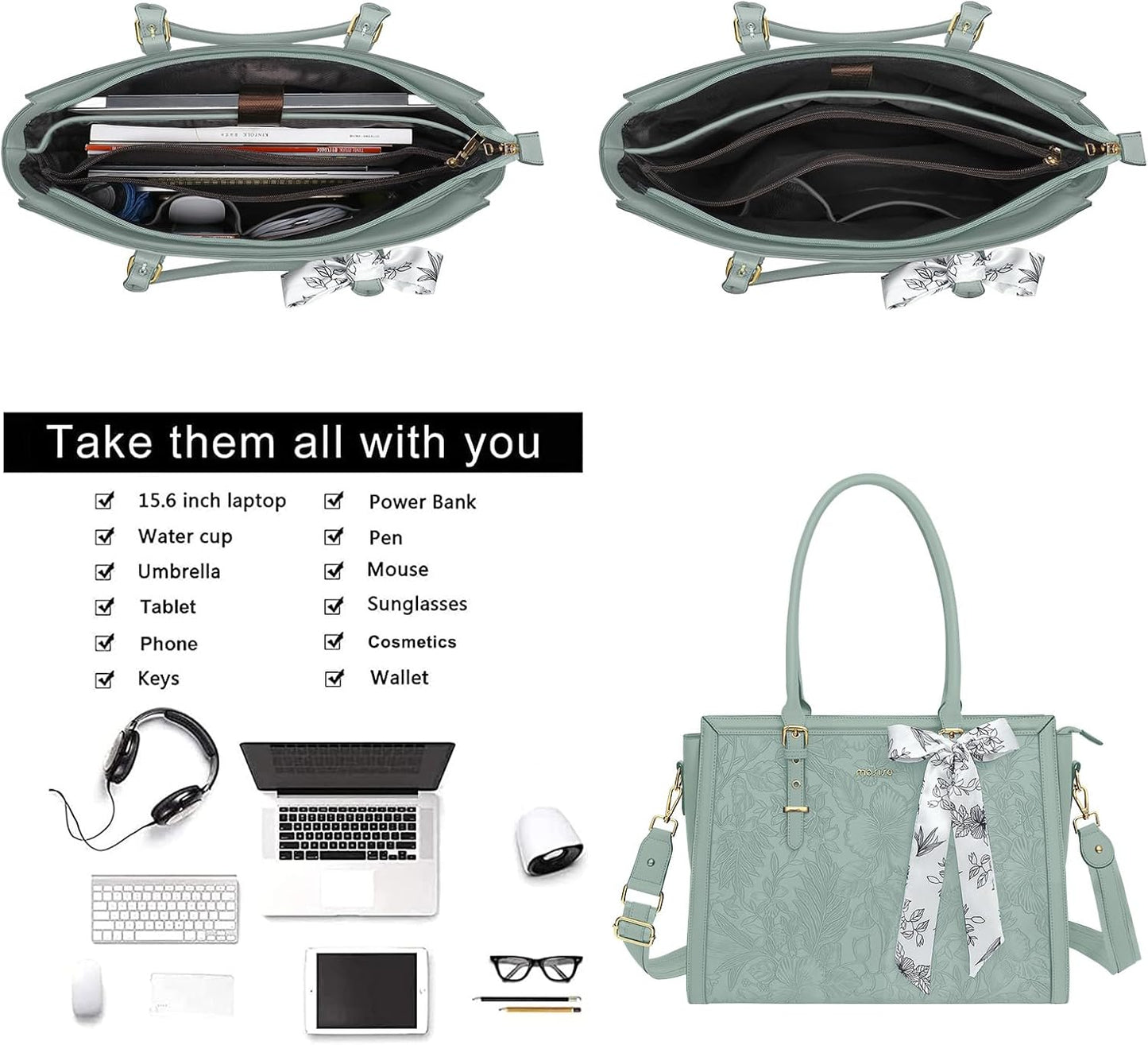 MOSISO Laptop Bag for Women, PU Leather Tote Bag, Front Embossed Retro Hibiscus Computer Bags with Silk Scarf&Clutch Purse