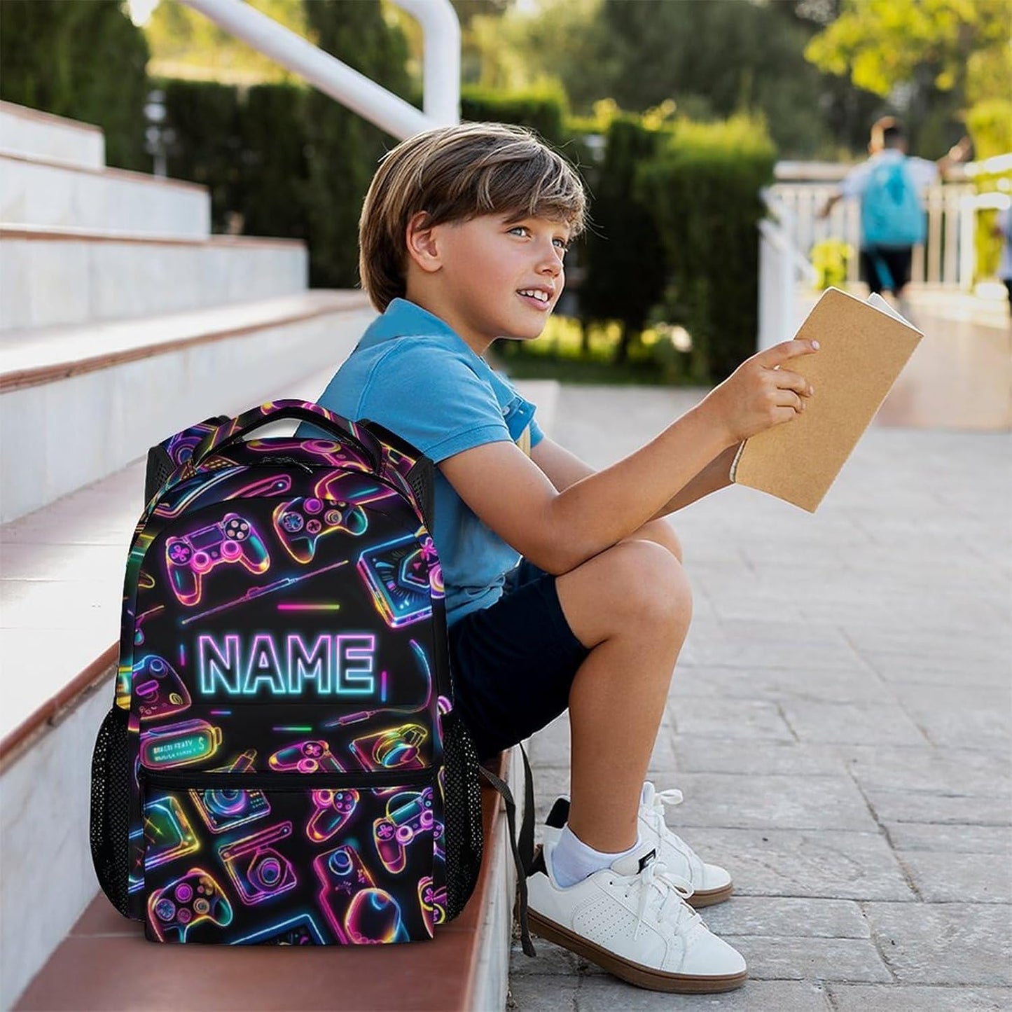 School Backpacks for Boys Girls, 17" Game Backpack for Kids Students, Custom Name Large Capacity Gaming Bookbag for Kindergarten Primary, Personalized School Supplies for Travel Hiking Camping