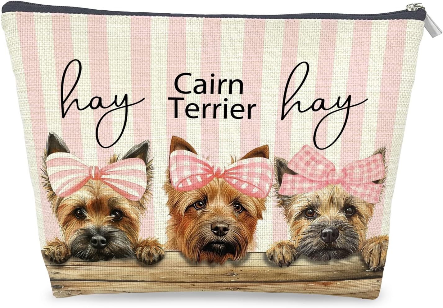 Coquette Pink Bow Cairn Terrier Makeup Bag Gifts for Women, Preppy Cairn Terrier Cosmetic Bag, Girly Cute Dog Pink Striped Zipper Makeup Pouch Travel Toiletry Bag