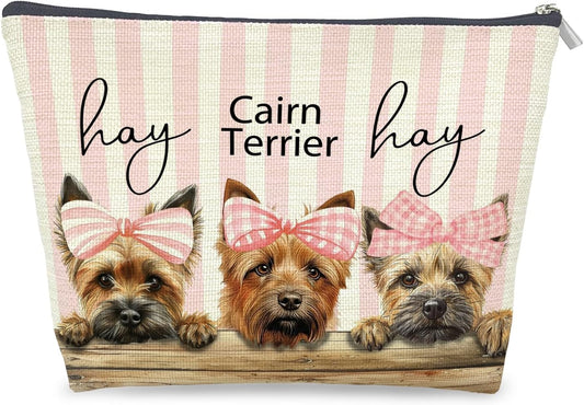 Coquette Pink Bow Cairn Terrier Makeup Bag Gifts for Women, Preppy Cairn Terrier Cosmetic Bag, Girly Cute Dog Pink Striped Zipper Makeup Pouch Travel Toiletry Bag