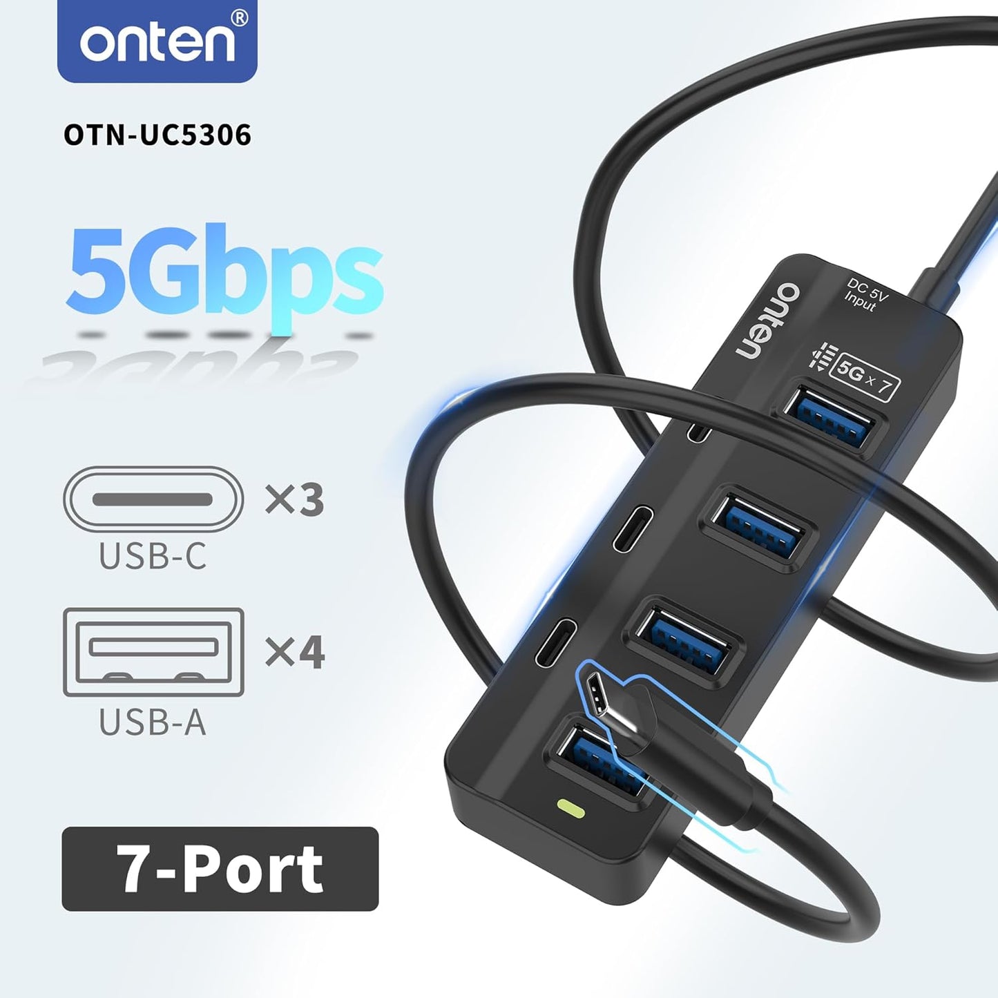 Onten USB C Hub,7 Ports USB Type-C HUB 3.2ft Cable 4*USB3.0 Ports,3*USB-C Ports forThunderbolt 3/4 MacBook Surface Pro and More Type-C Devices