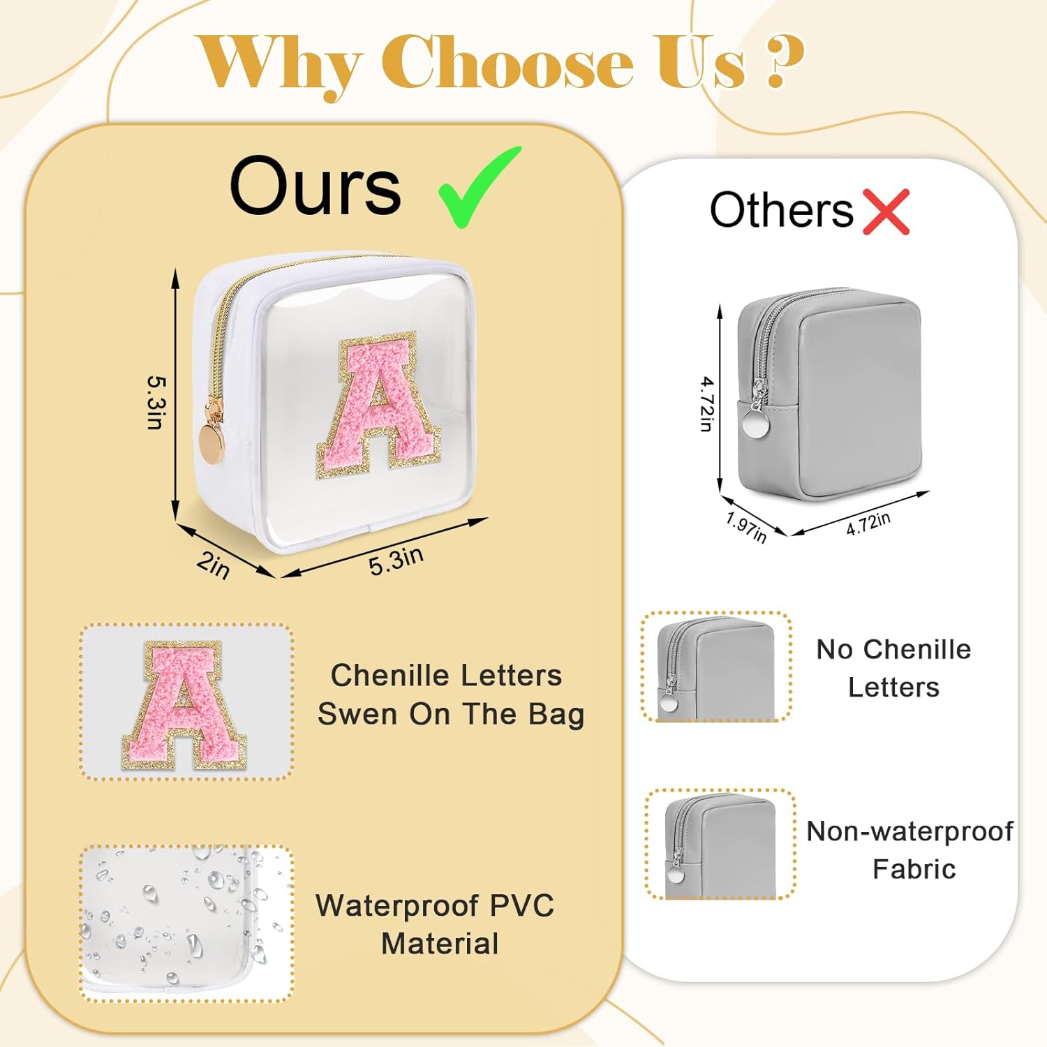 Personalized Initial Letter Clear Preppy Makeup Bag,Mini Nylon Chenille Letter Cosmetic Bag Cute