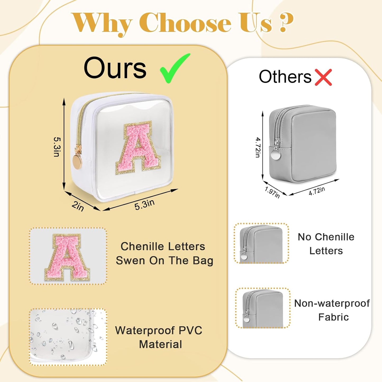 Personalized Initial Letter Clear Preppy Makeup Bag,Mini Nylon Chenille Letter Cosmetic Bag Cute
