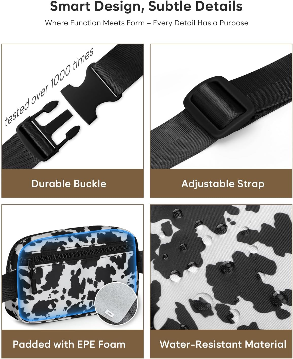 Fanny Packs for Women Cross Body Bag Waterproof Belt Bag with Adjustable Strap and Zipper Back Pocket Small Crossbody Bags Fashion Waist Packs for Workout Travelling(Cow Print)