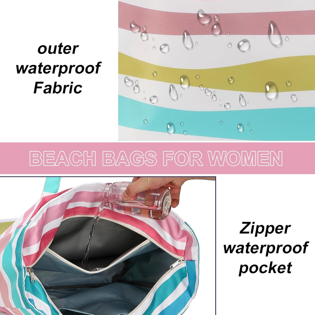 LEDAOU Beach Bag Waterproof Sandproof Women Tote Bag Pool Bag with Zipper for Gym Grocery Travel