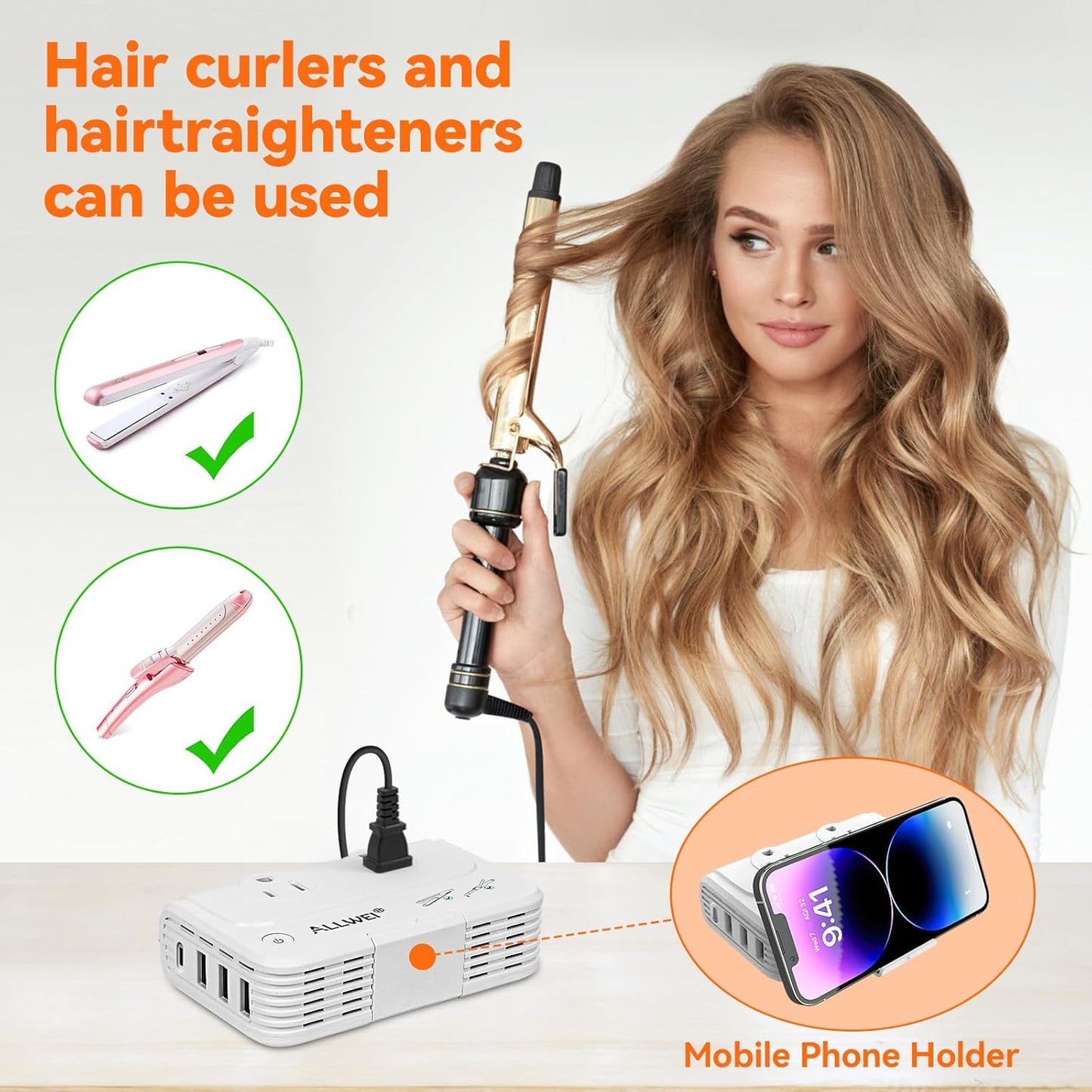 ALLWEI 220V to 110V Travel Voltage Converter us to Europe, Step Down Converter for Hair Straightener/Curling Iron, International Power Adapter for EU/UK/US/AU (White)