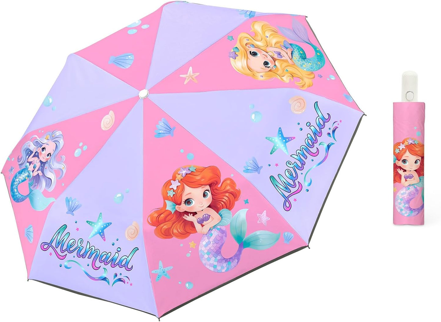 Autoamtic Kids Umbrella UV Resistant, Folding Compact Umbrella 360° Reflective Strip for Travel Outdoor, Lightweight Cute Kids Parasol Anti-rebound Safe for Toddler