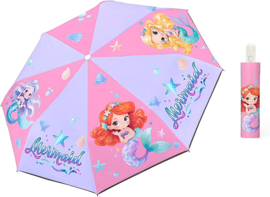 Autoamtic Kids Umbrella UV Resistant, Folding Compact Umbrella 360° Reflective Strip for Travel Outdoor, Lightweight Cute Kids Parasol Anti-rebound Safe for Toddler