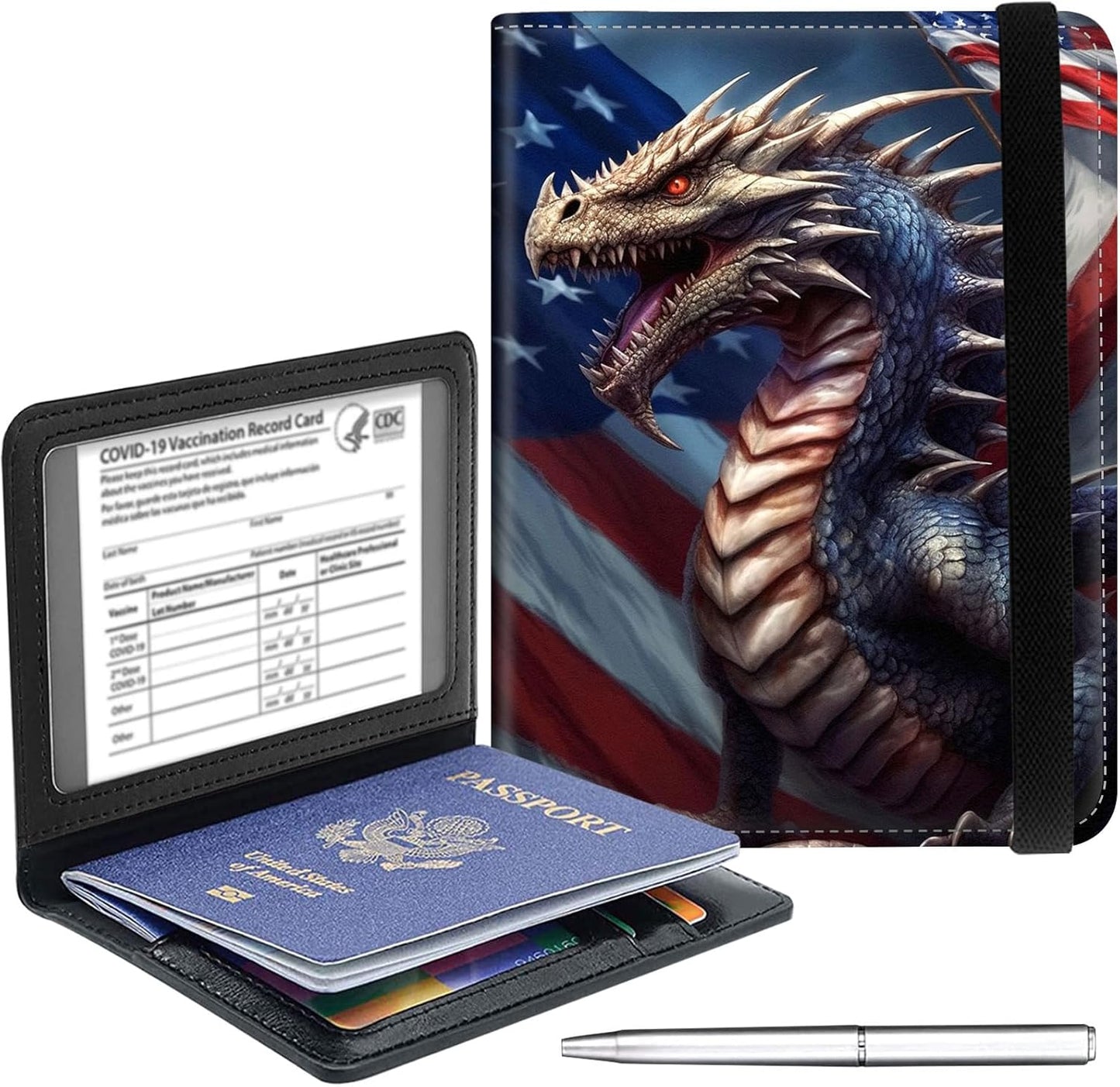 Passport Holder Cover Wallet Travel Essentials RFID Blocking Case Leather Passport Cover Wallet Vaccine Card Slot Organizer for Men Women, Flag Dragon