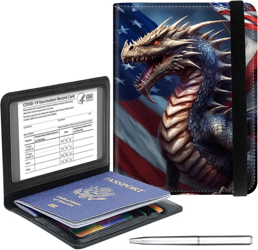 Passport Holder Cover Wallet Travel Essentials RFID Blocking Case Leather Passport Cover Wallet Vaccine Card Slot Organizer for Men Women, Flag Dragon