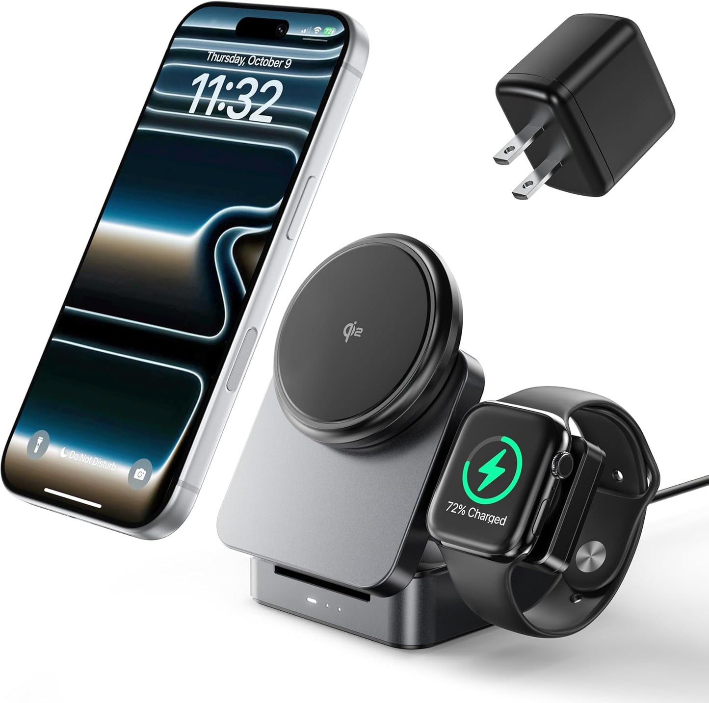 3-in-1 Wireless Charging Station for Apple, Qi2 Certified 15W Foldable Mag-Safe Travel Charger Stand Wireless Charger Dock for iPhone 17/16/15/14/13/12, Apple Watch & AirPods (30W Adapter Included)