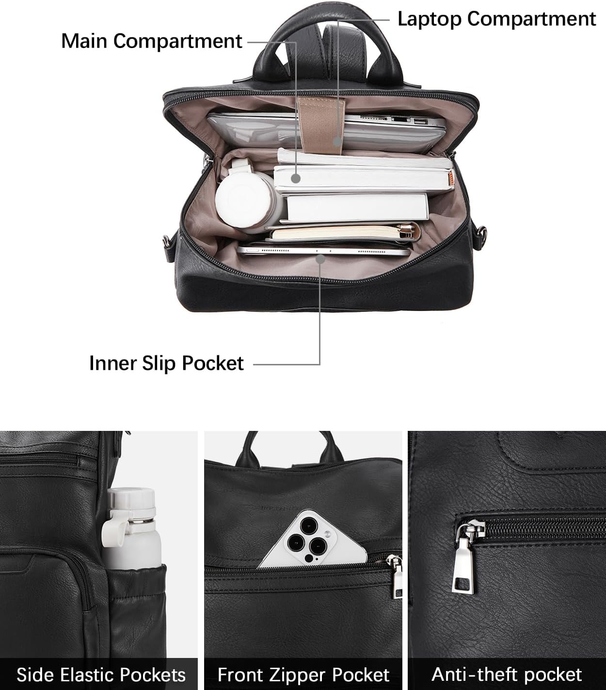 BOSTANTEN PU Leather Laptop Backpack for Women Designer Travel Backpack with Laptop Compartment Ladies Computer Shoulder Bags