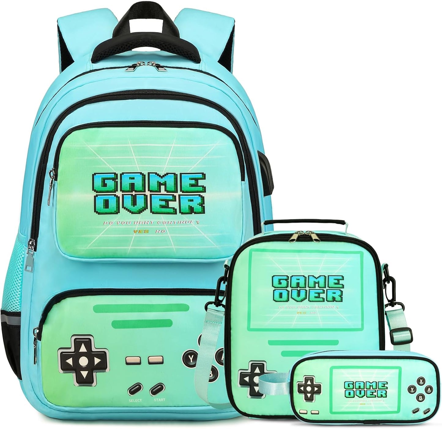 Gamer Backpack for Boys - Luminous School Backpack with Lunch Bag & Pencil Case - Boys' Elementary & Middle School Backpack with USB Charging Port (Green)