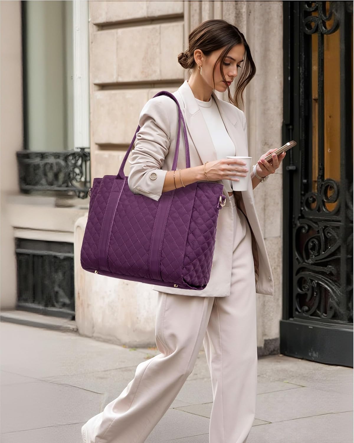 LOVEVOOK Laptop Bag for Women，Work Bag Teacher Tote Bag With Large Cup Holder, Quilted Crossbody