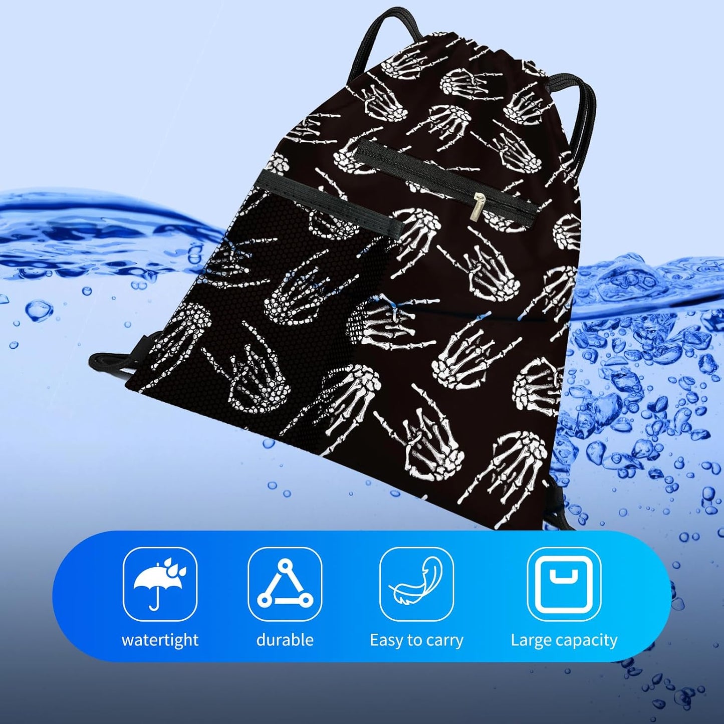 Drawstring Backpack Sports Gym Bag, Large String Swim Bag for Beach With Water Bottle Mesh Pocket, Cute Gym Sack with Zipper Pocket for Men Women Cute Skeleton Fingers