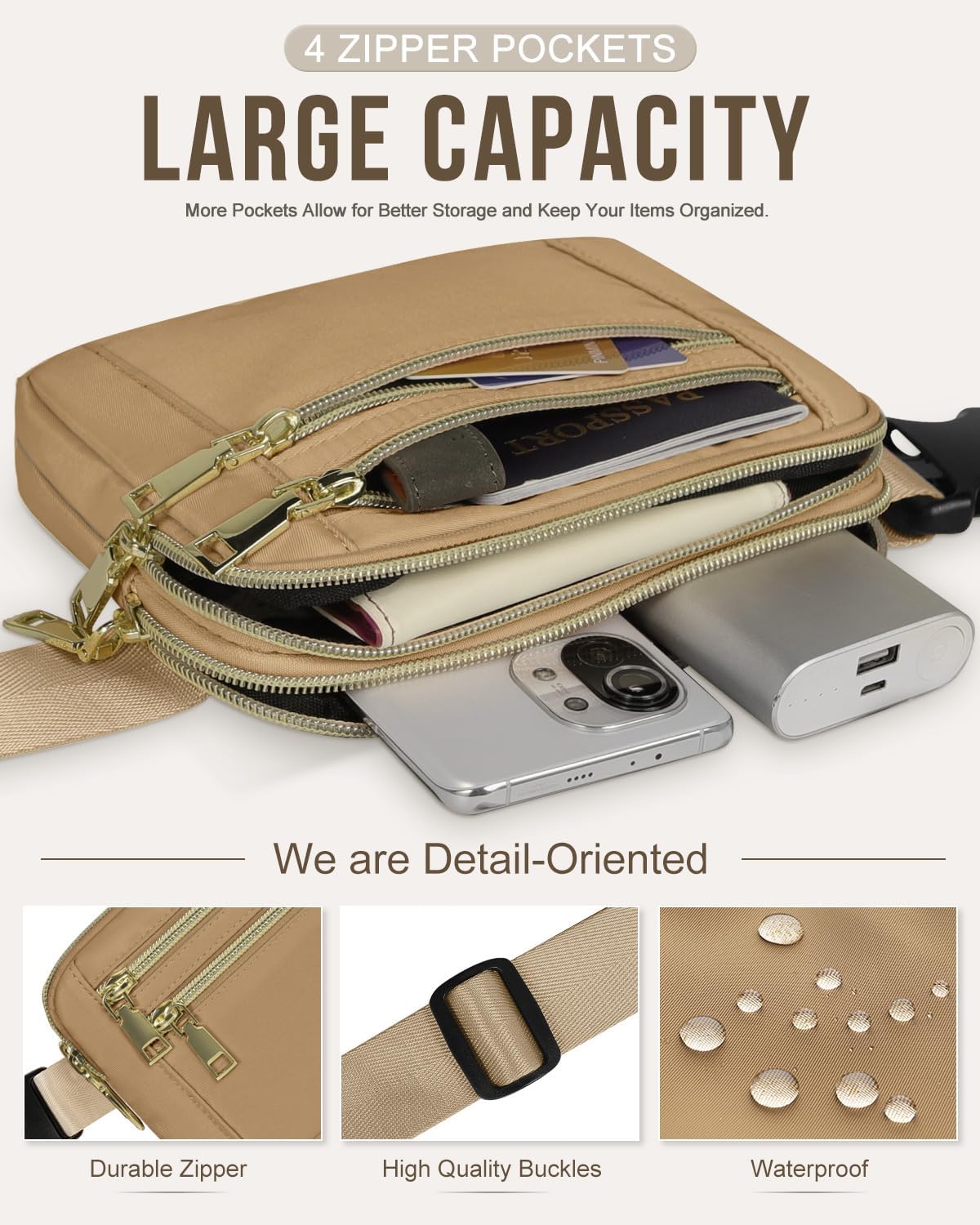 Capolo Fanny Packs for Women Fashion Waist Packs Bag with Adjustable Strap and 4 Zipper Pockets Waterproof Everywhere Crossbody Belt Bag for Workout Running Travelling(Khaki, Large)