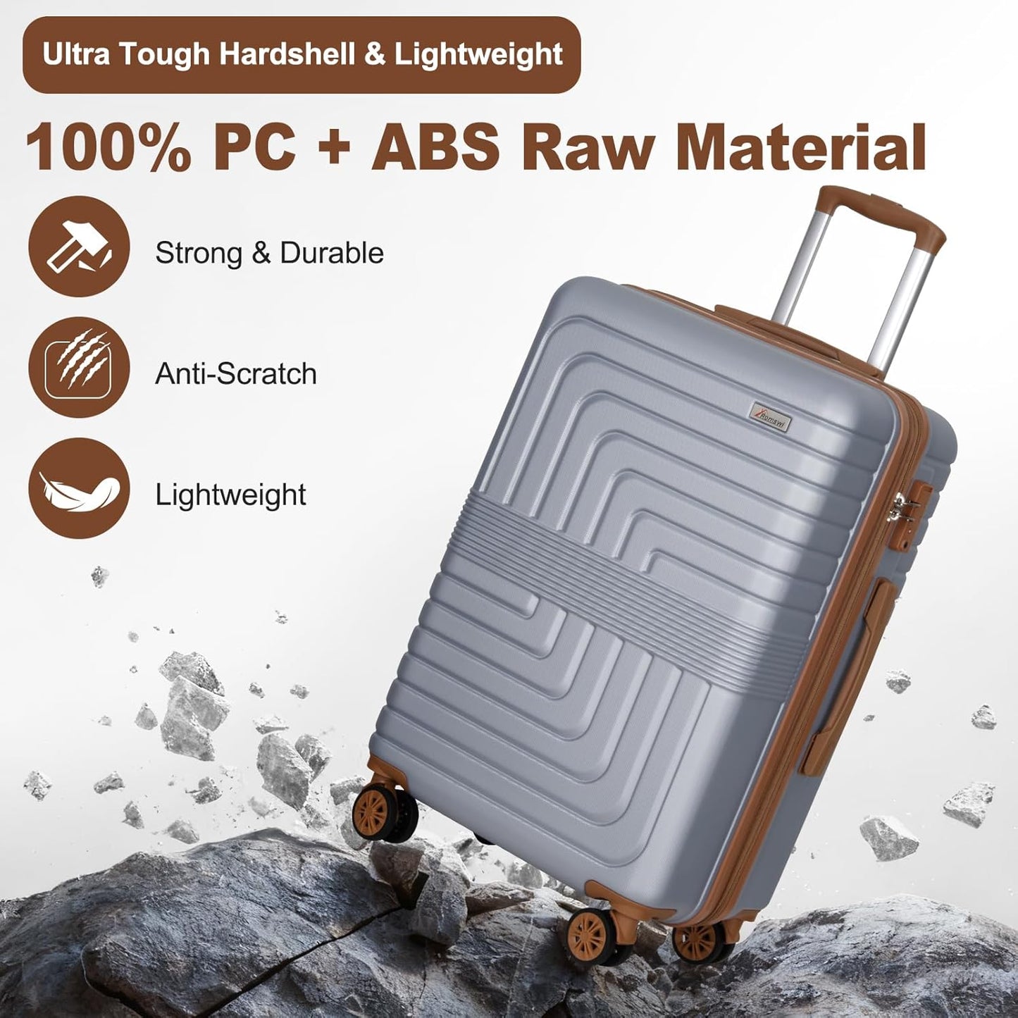 Romswi Luggage Sets 3 Piece Expandable PC+ABS Suitcases, Durable Hardshell Lightweight Suitcase Set with TSA Lock Dual Spinner Wheels, 20/24/28 Inch, Silver
