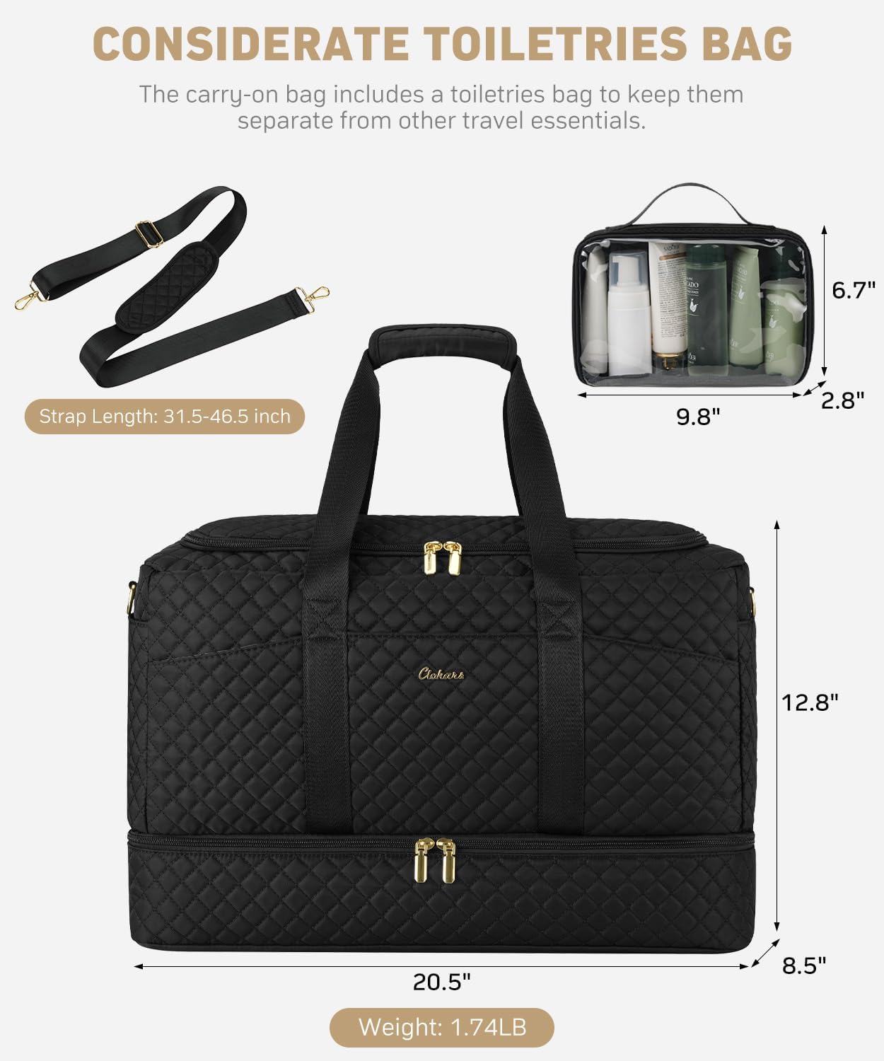 Duffle Bag for Travel, Weekender Bag with Shoe Compartment, Carry On Overnight Bag for Women with Toiletry Bag Duffel Bags with Wet Pocket for Gym Hospital Bags for Labor and Delivery Black