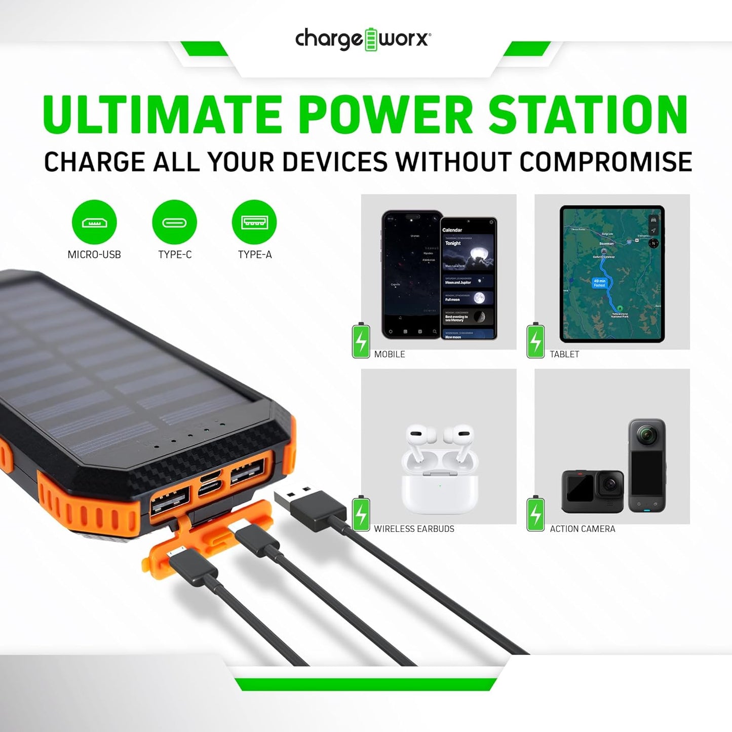 ChargeWorx Solar Power Bank with 2 USB-A Ports Plus USB-C and Micro-USB Charging Ports, 15,000 mAh Capacity, Includes Compass and Dual LED Flashlights, Ideal for Camping, Hiking, and More