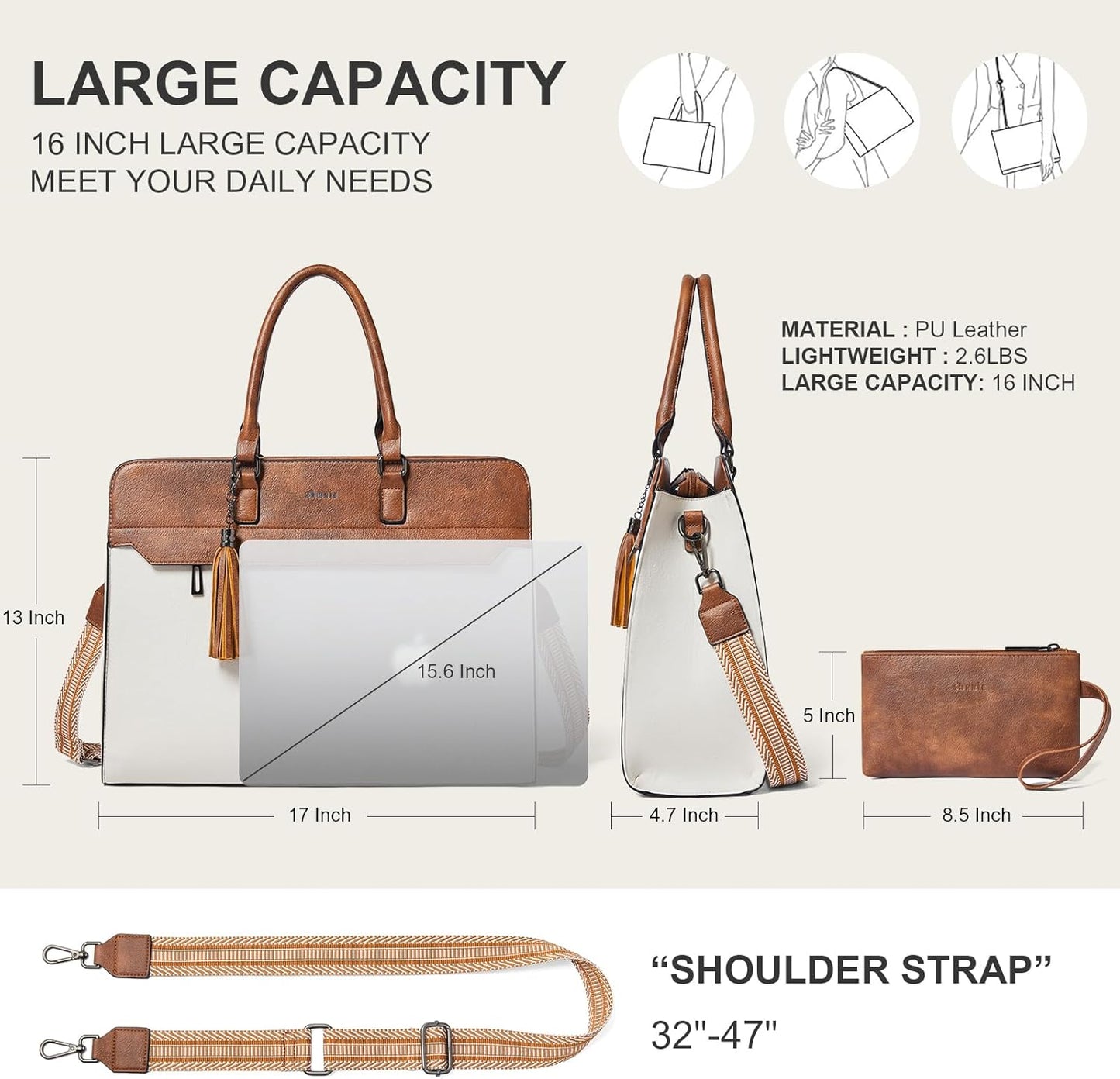 Shrrie 15.6 inches Laptop Bag for Women,Water-Resistant Work Bag Laptop Tote Bag,Briefcase with