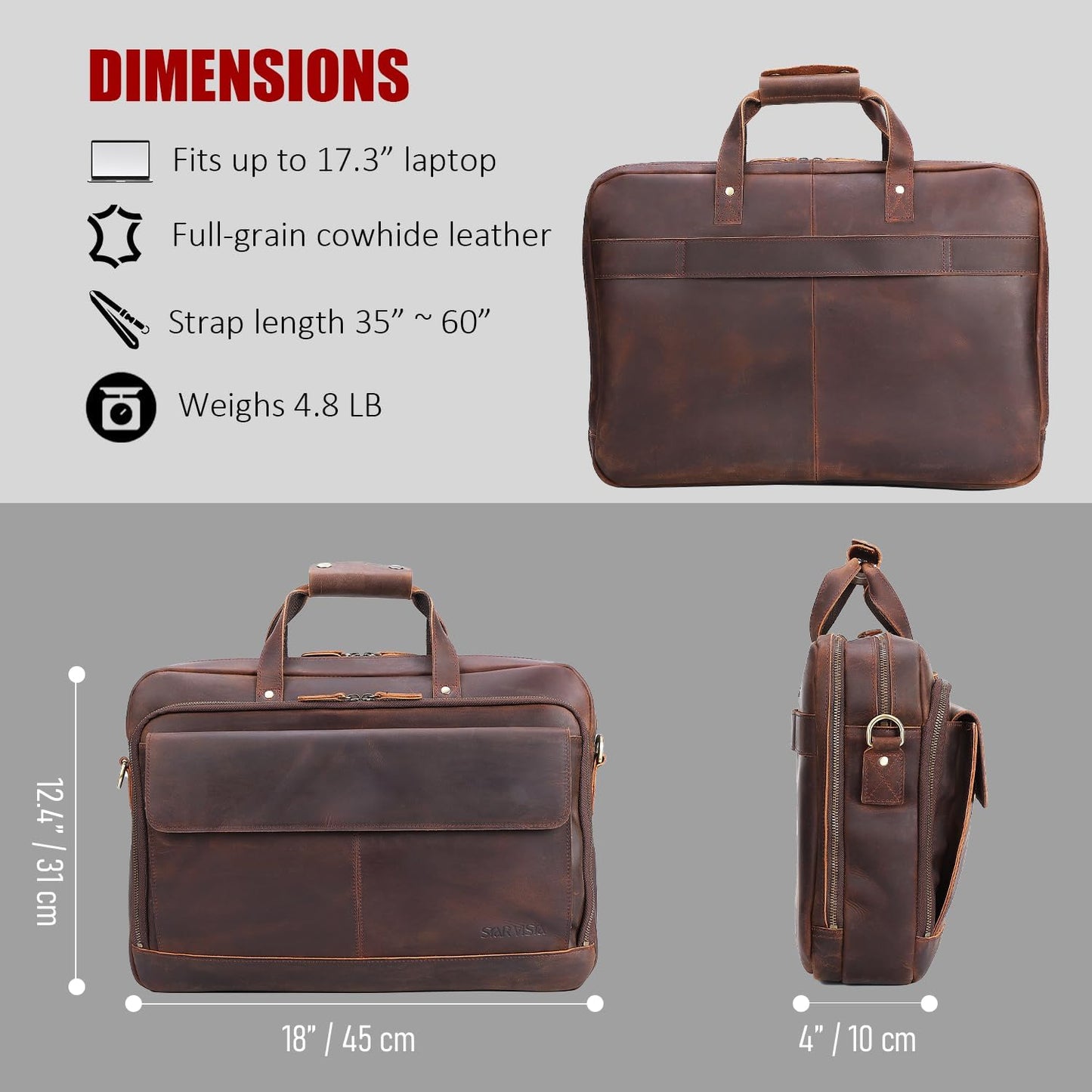 STAR VISTA Matteo Pro Large 18" Laptop Messenger Bag, Full Grain Leather Briefcase for Men, Business Travel, YKK Zippers and Brass Hardware, Fits 17.3" Laptop, Dark Brown