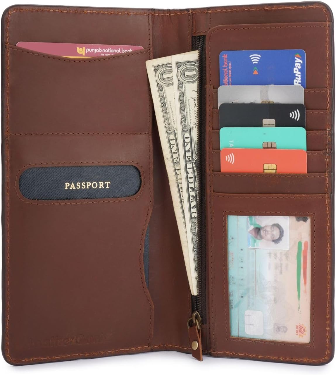 Passport Wallet for Men & Women Genuine Leather Bifold Travel Wallet RFID Blocking Long Passport Holder Document Organizer Travel Pouch Airline Ticket Wallet with Zipper Pocket [Tan]